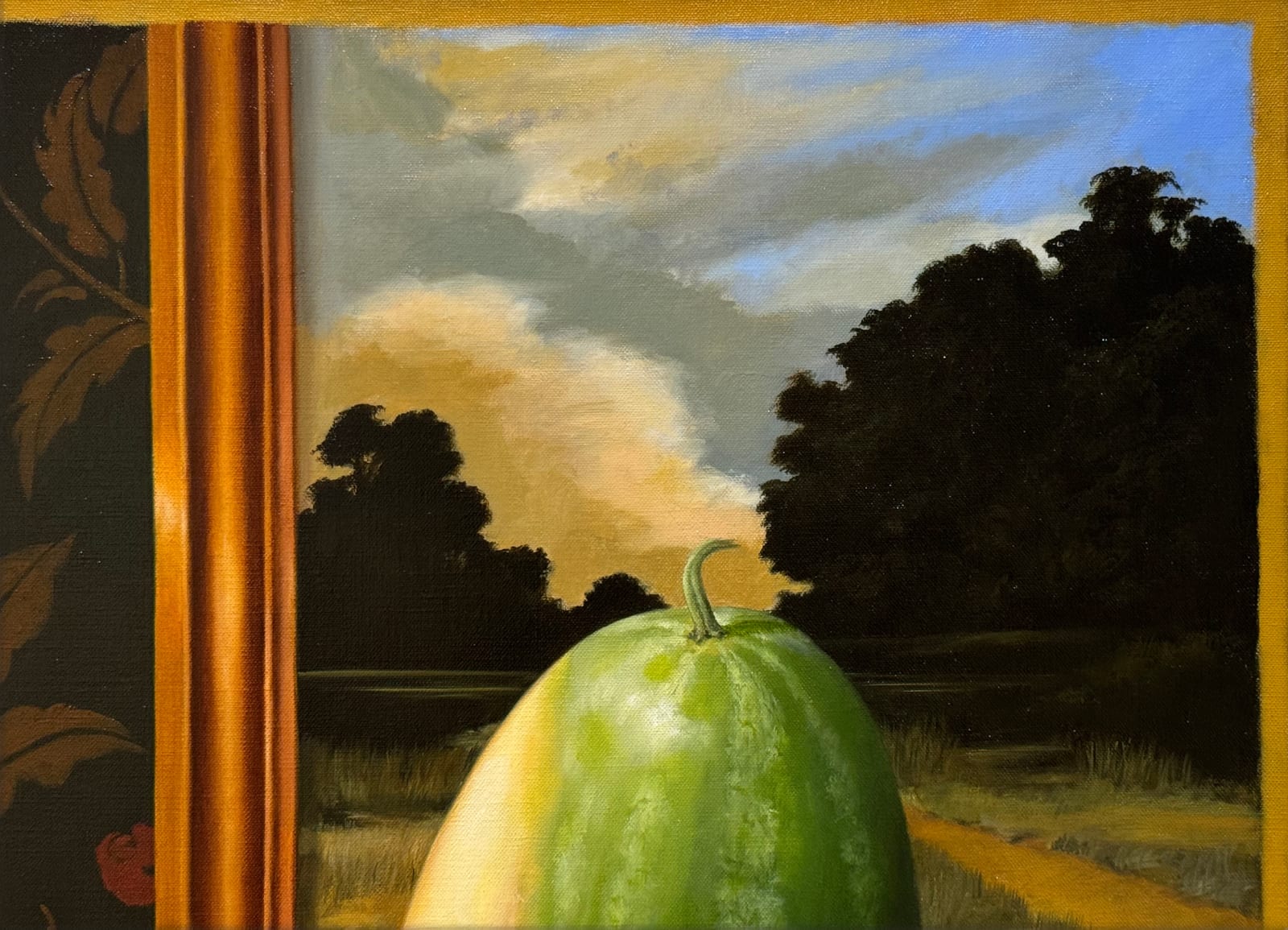 Painting of a watermelon on a red stool