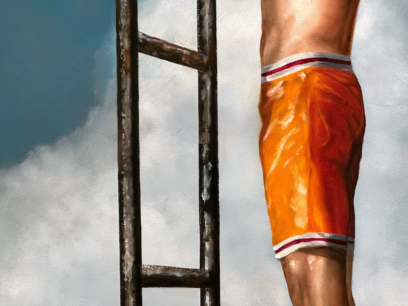 Man in orange bathing suit shorts standing on a small diving board in the sky