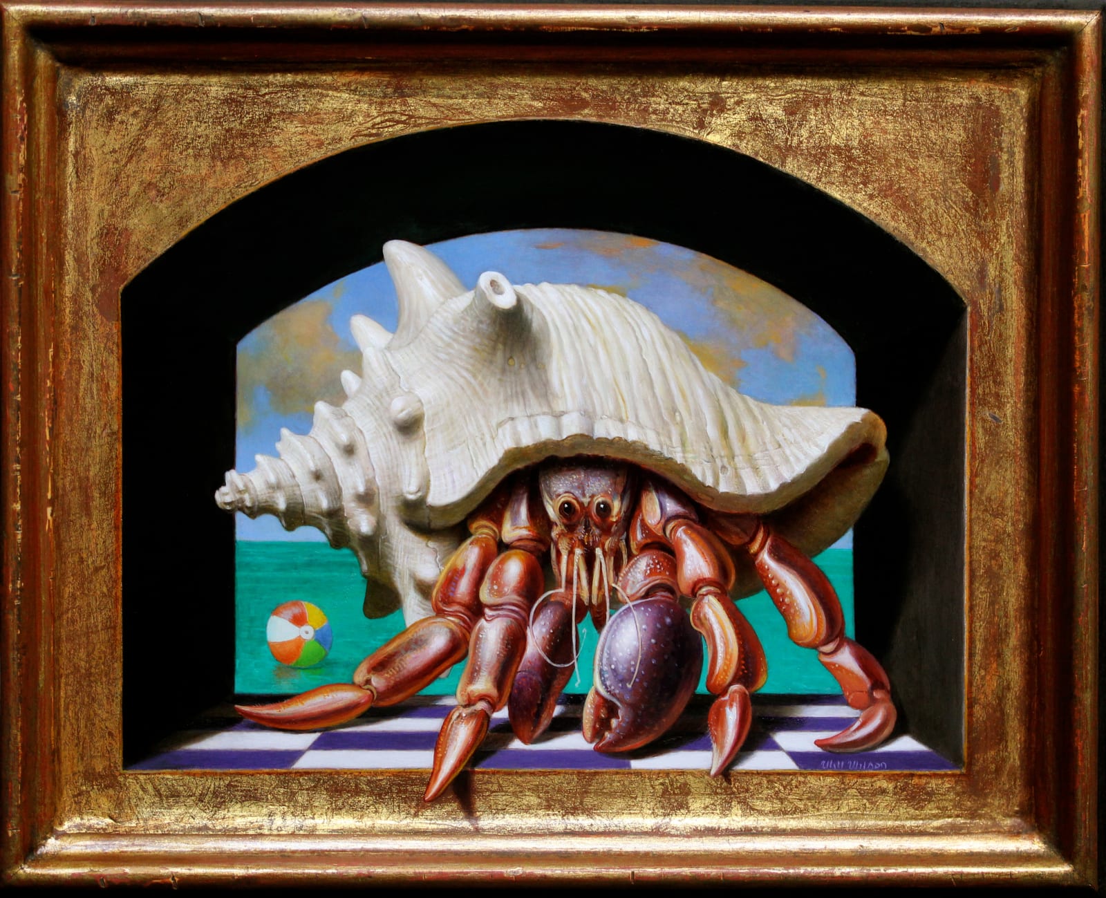 Oil painting of Hermit crab in little window nook on panel