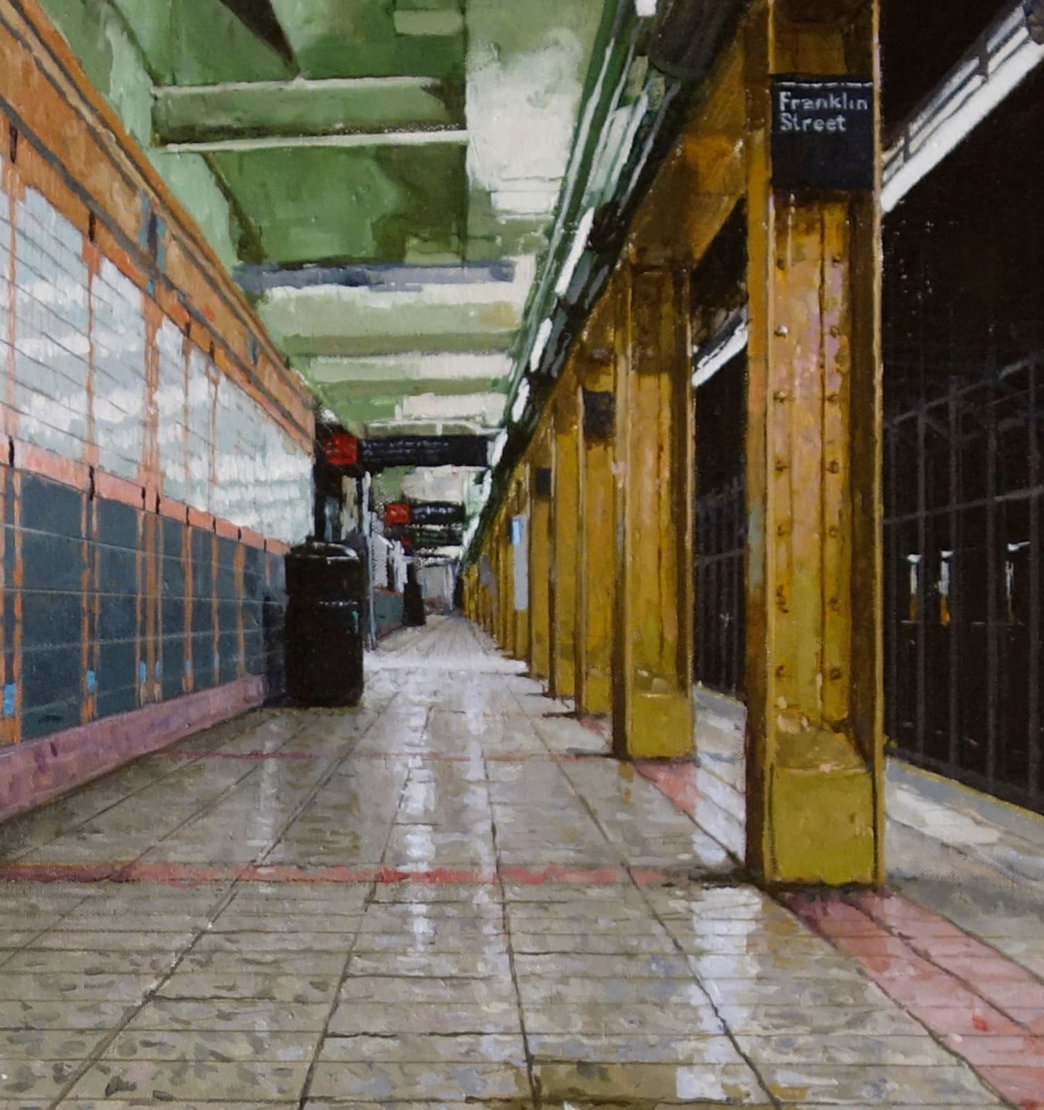 Detail of Low hyperrealist view of empty Franklin St. Subway Station