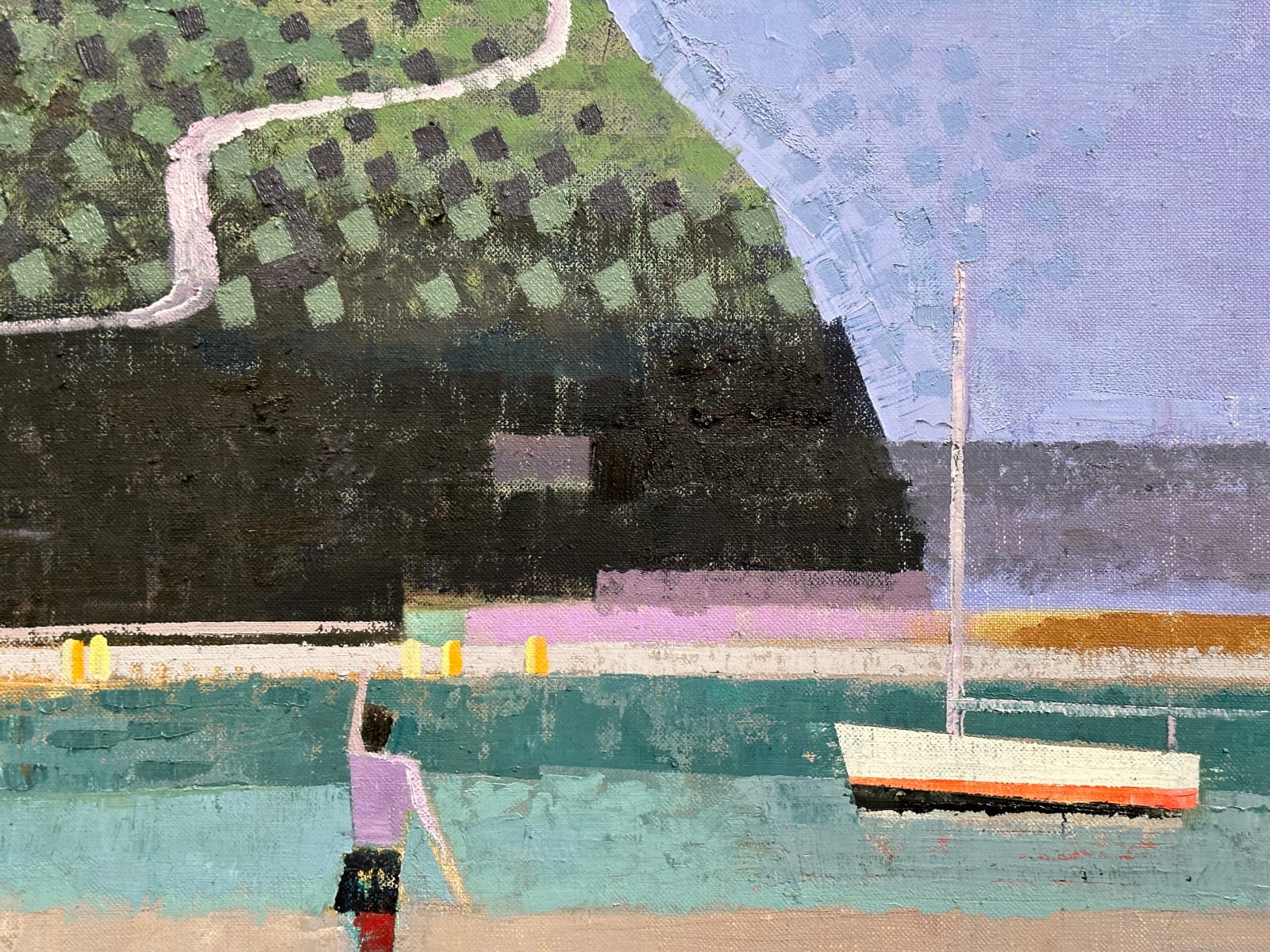 Abstracted beach scene with boat, mountain, and figure