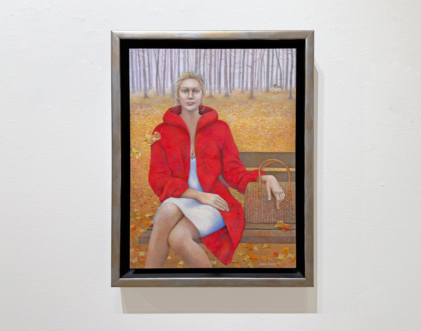 Painting of woman in red coat in a fall landscape sitting on a bench with a basket