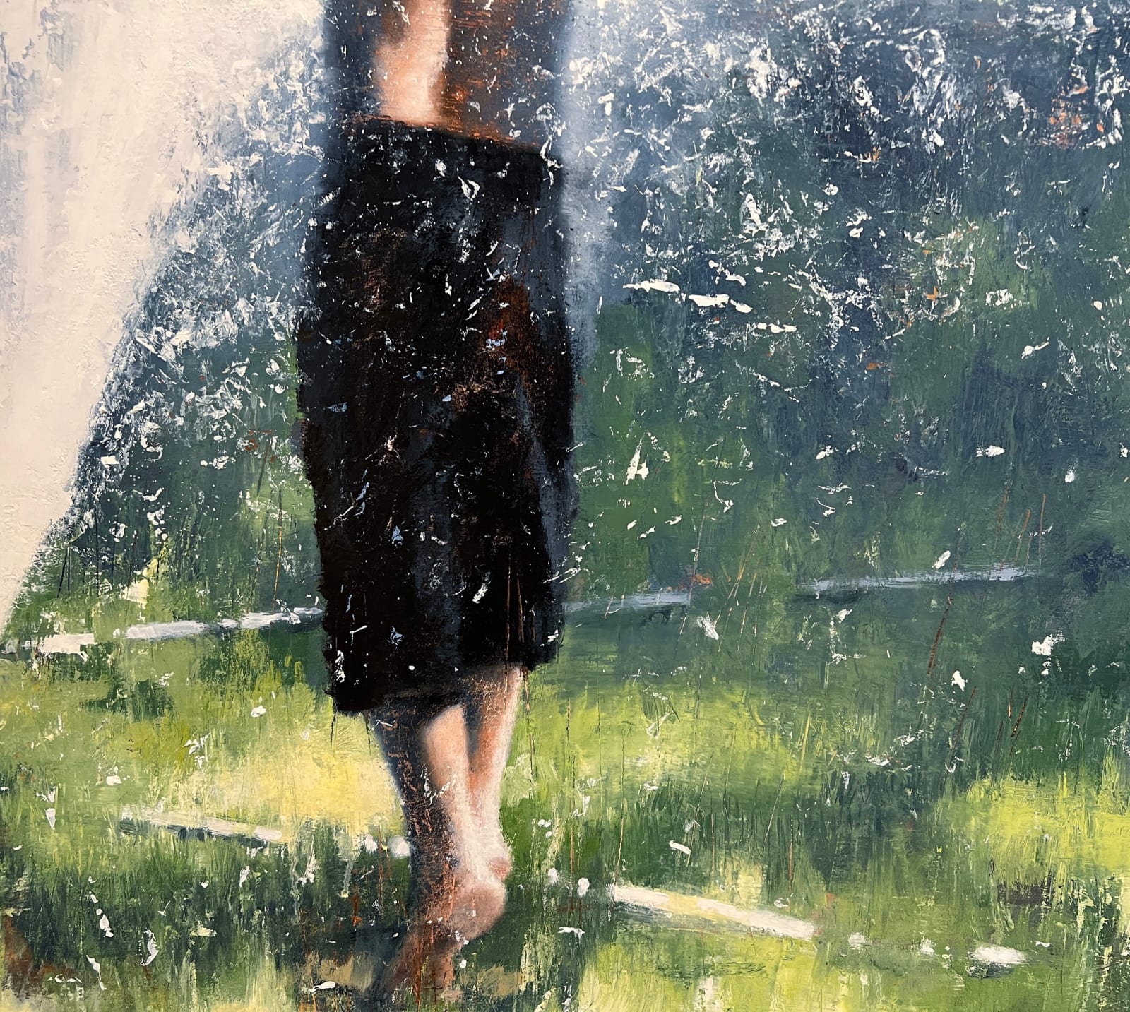 Oil painting of kids playing in sprinkler on panel
