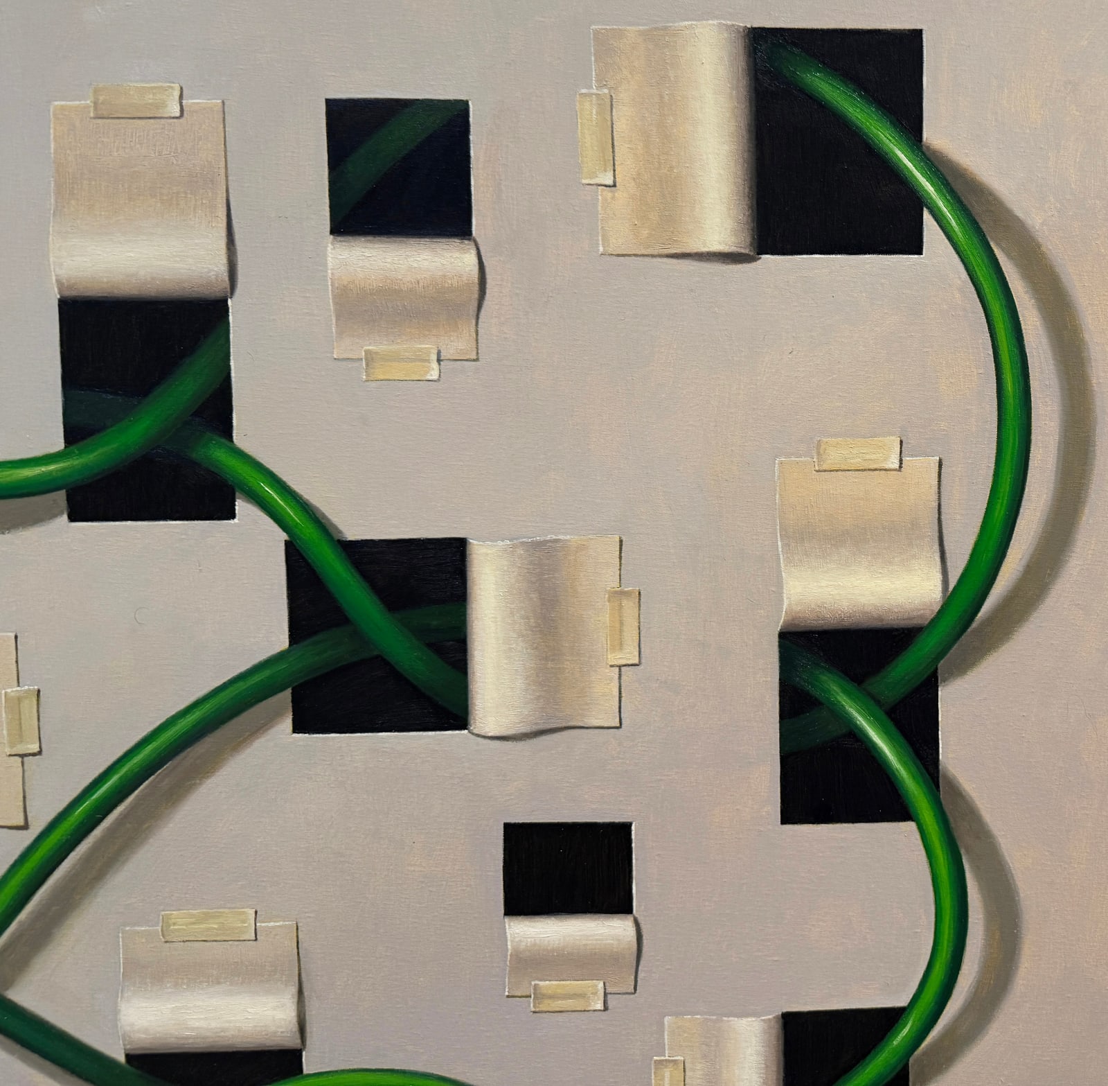 Painting of a hose winding through paper cut outs