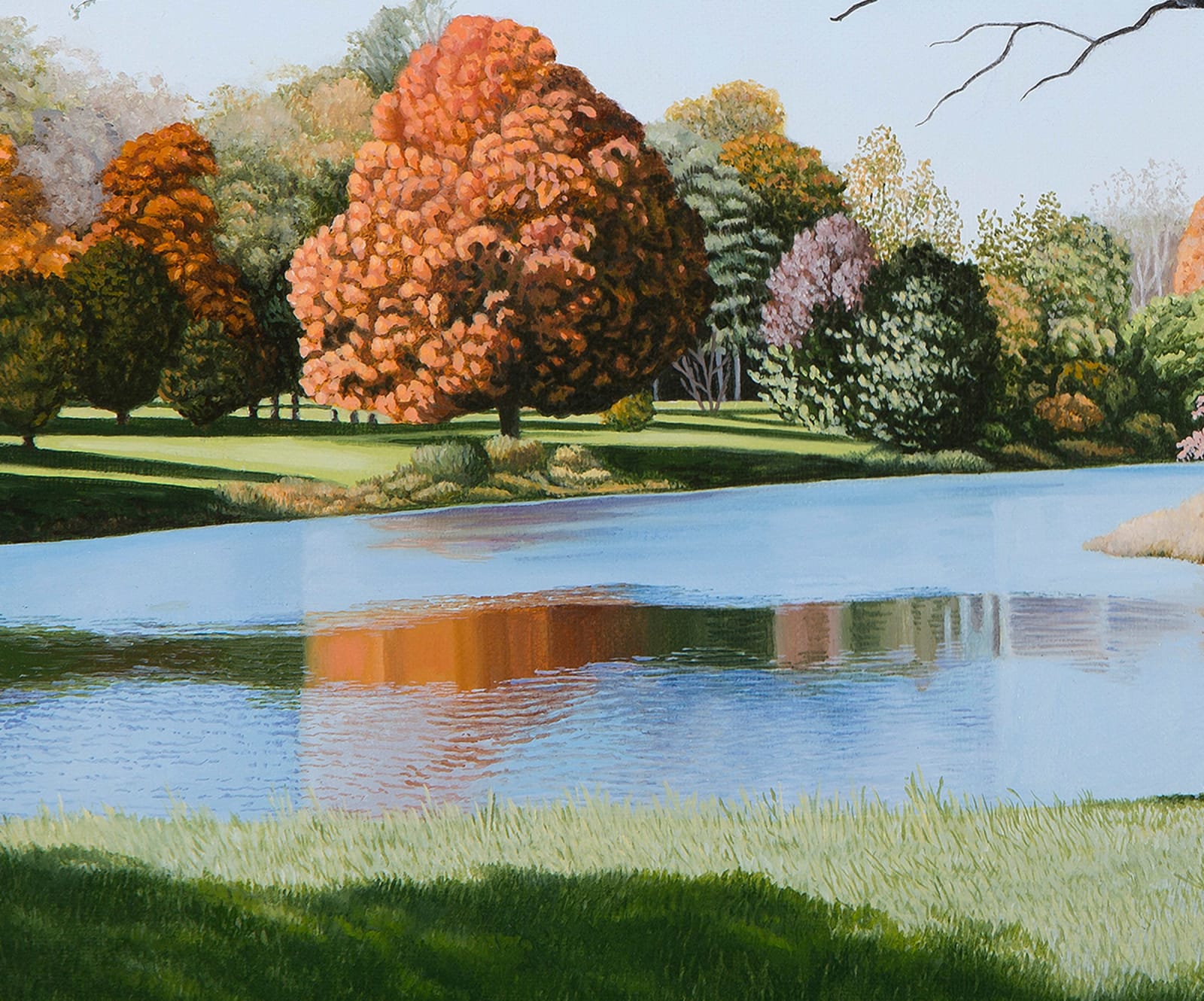 Oil painting of pond in fall on linen