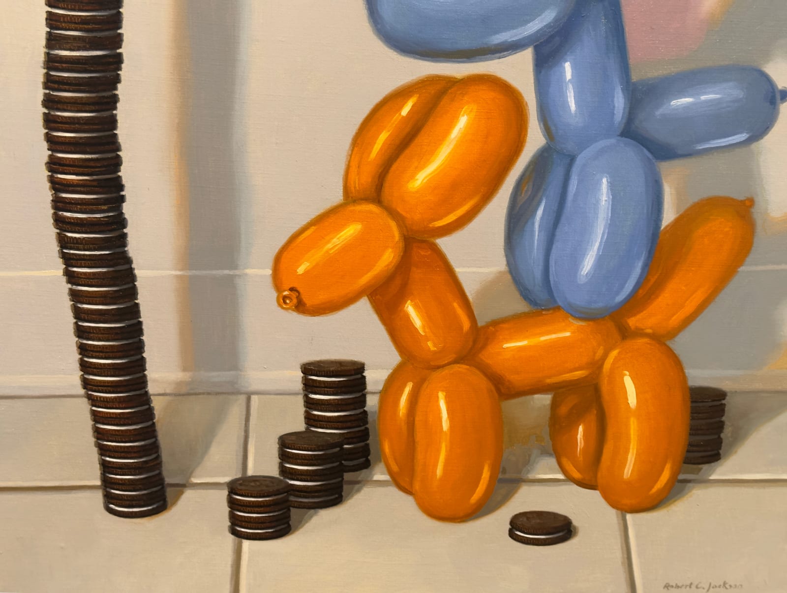 Painting of balloon dogs on top of each other stacking a tower of oreos