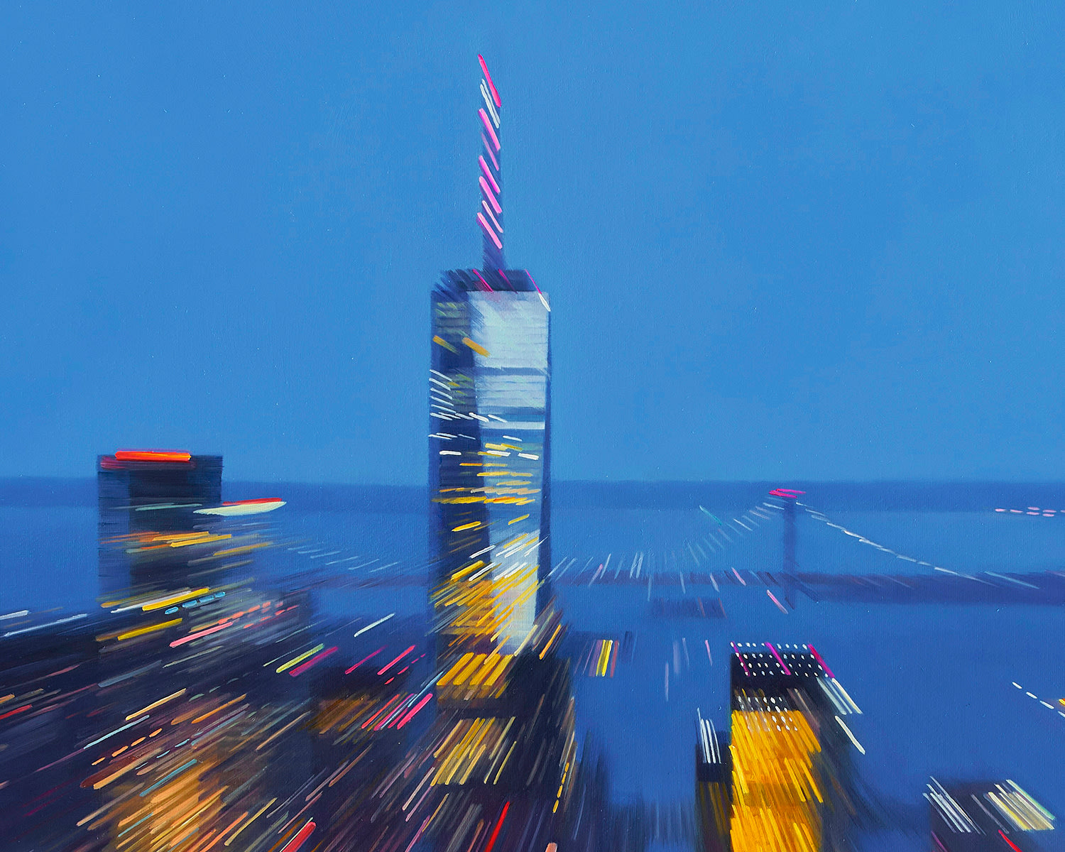 Impressionistic oil painting of city from distant aerial perspective on canvas, view the World trade Center, Downtown Manhattan, the Hudson River and Verrazano Bridge at dusk, Hudson Yards and Chelsea Piers are viewable on the right