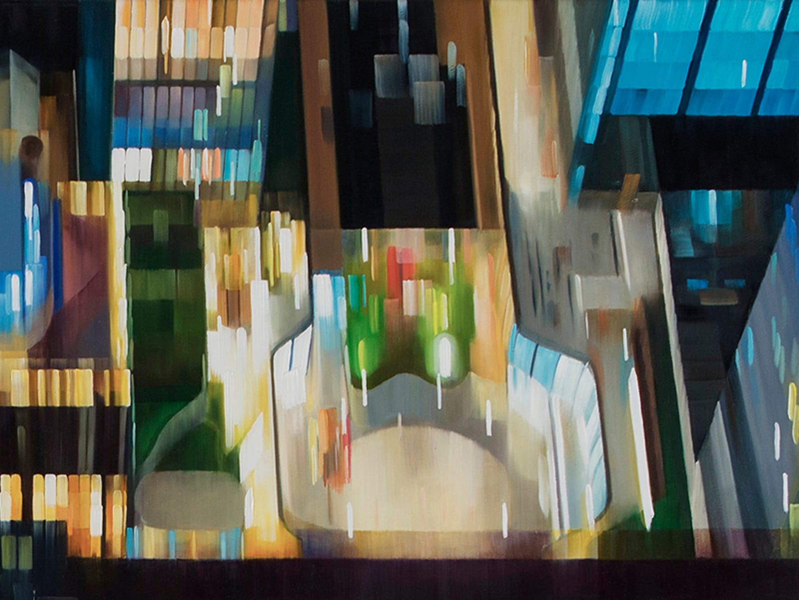 Oil painting of aerial view looking over building edge on linen