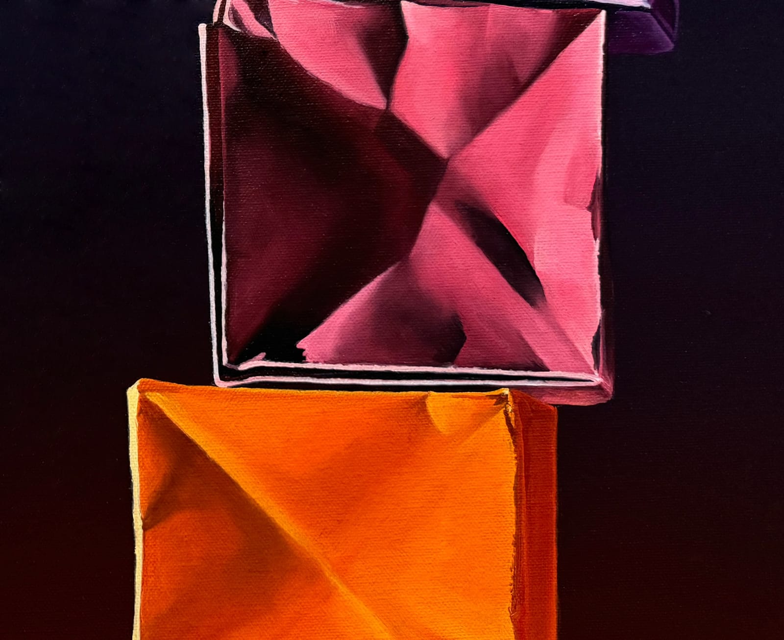 Paper boxes in two stacks on a purple to orange gradient