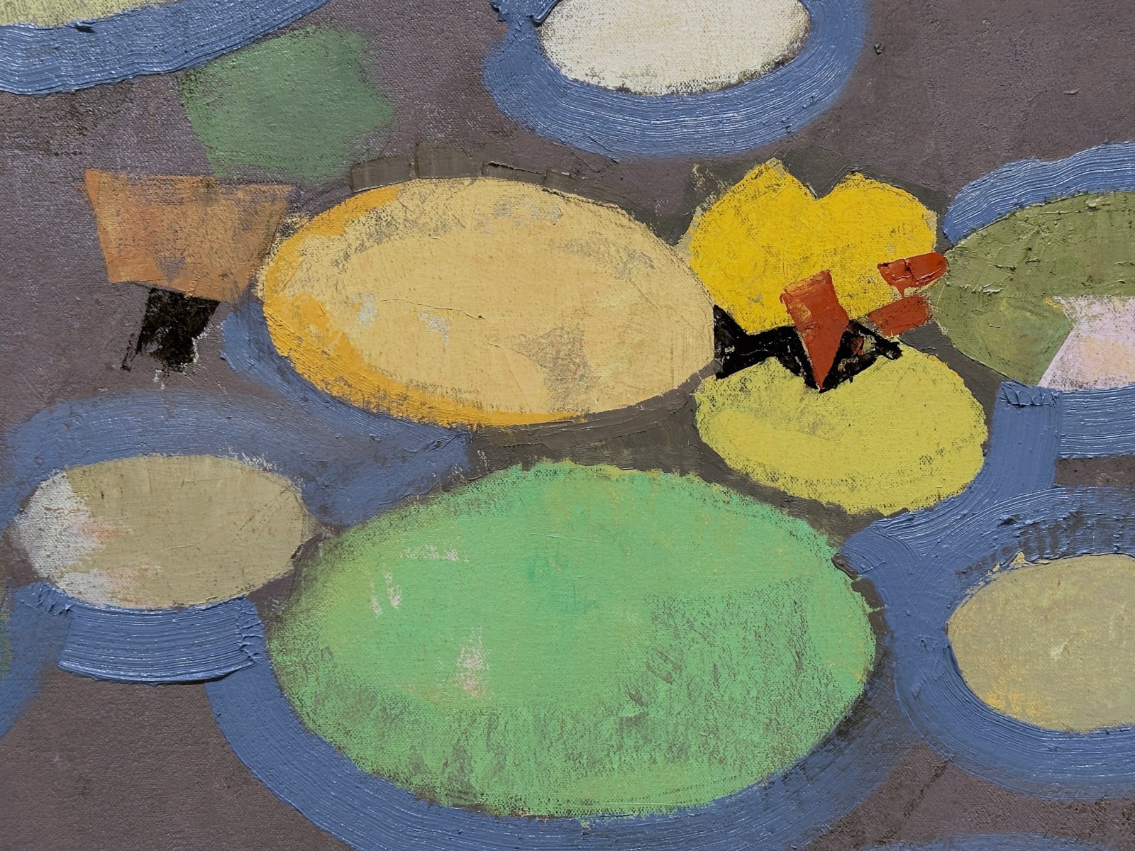 Colorful painting with ovals on grey background