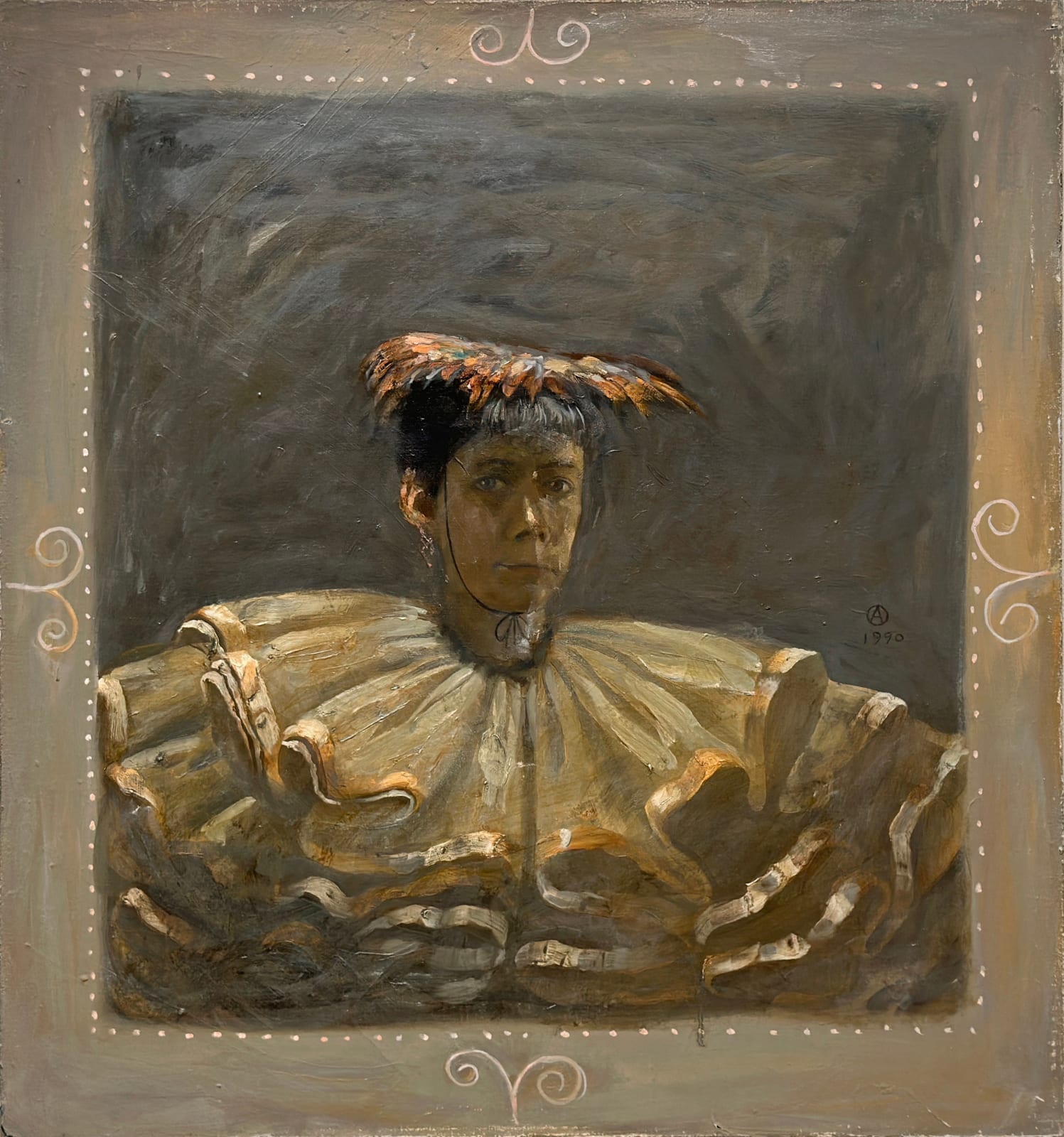 Oil painting of woman with red feathered cap on canvas