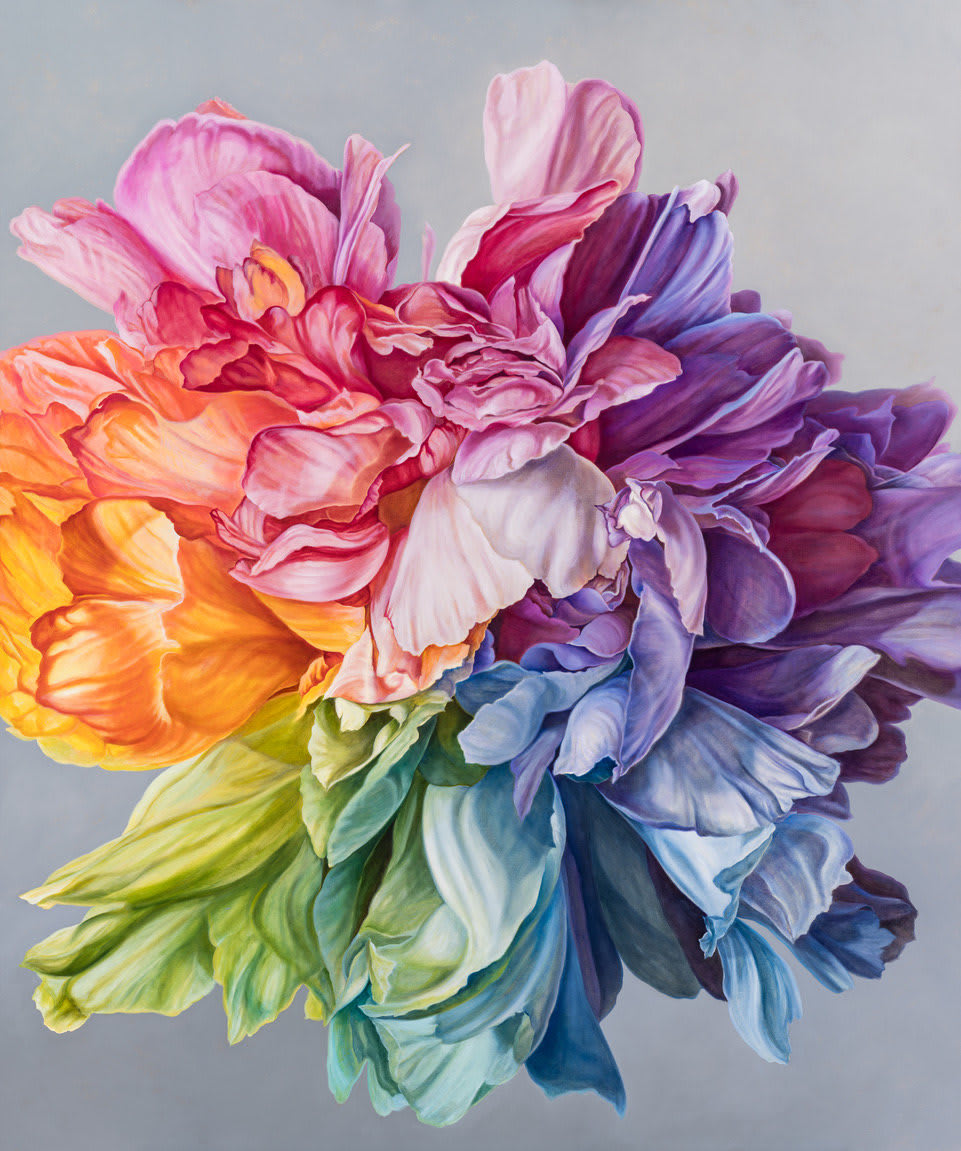 Painting of peony with many colored petals.