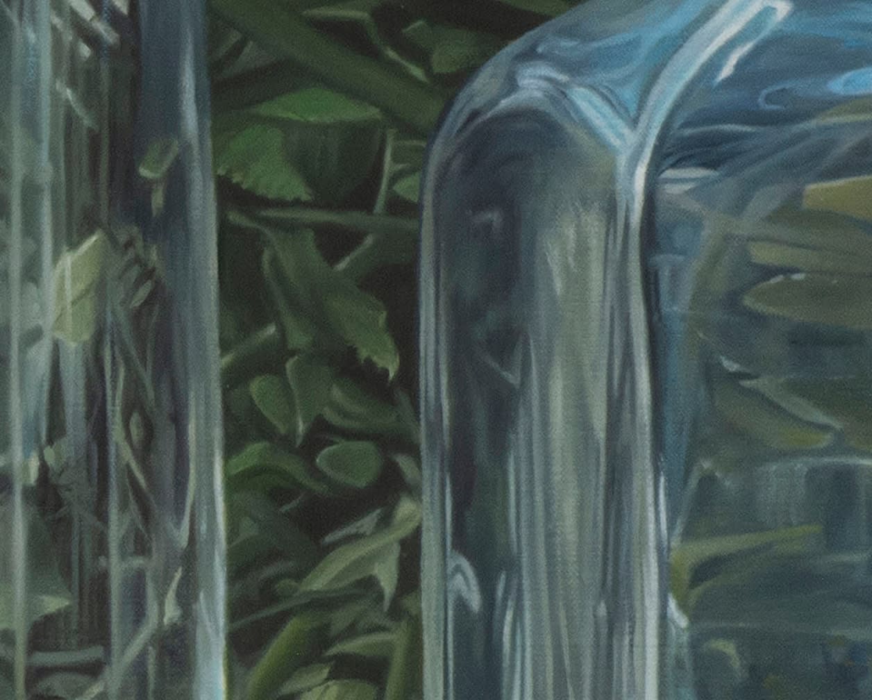 Oil painting of 4 glass vessels before foliage on linen