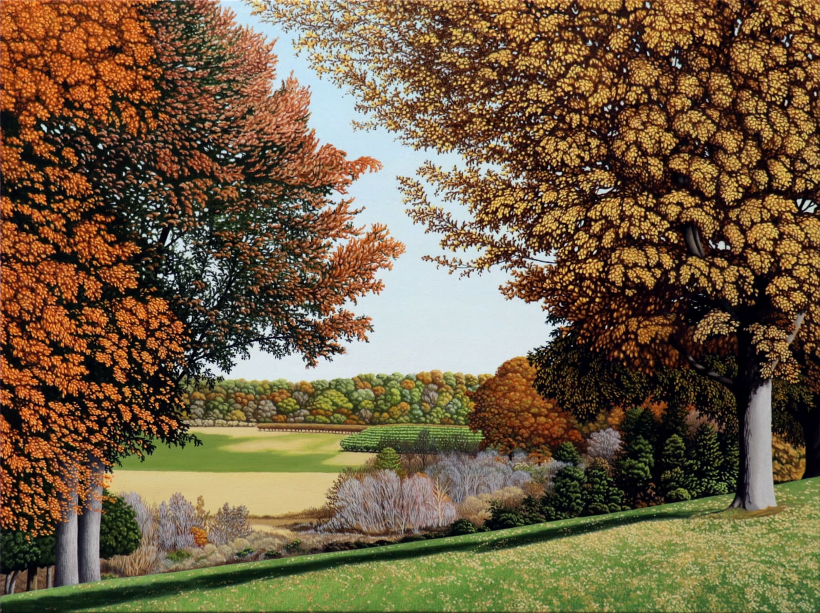 Oil painting of trees before fields in fall on canvas