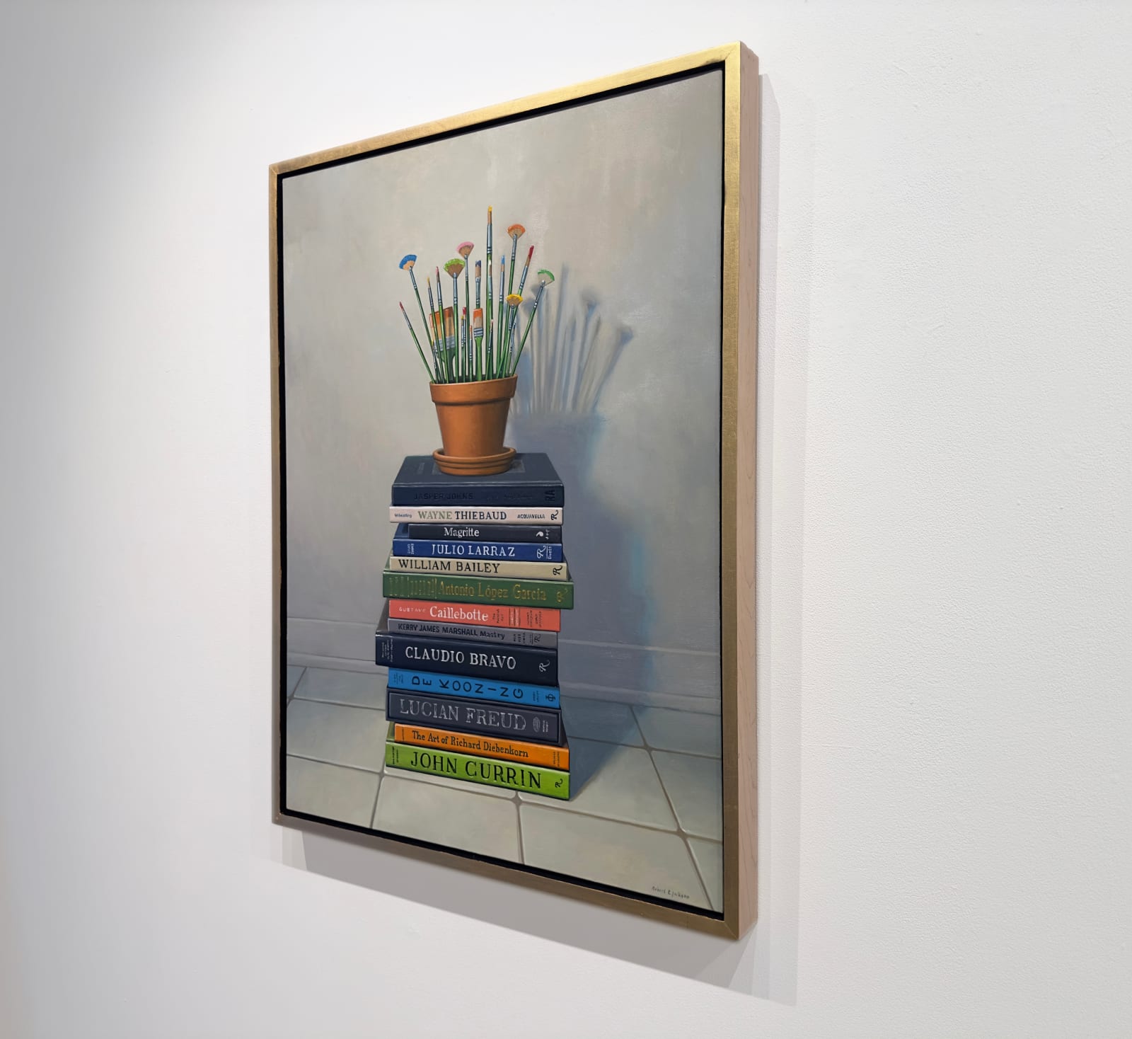 Still life painting of a flowerpot with paint brushes in it atop a stack of books