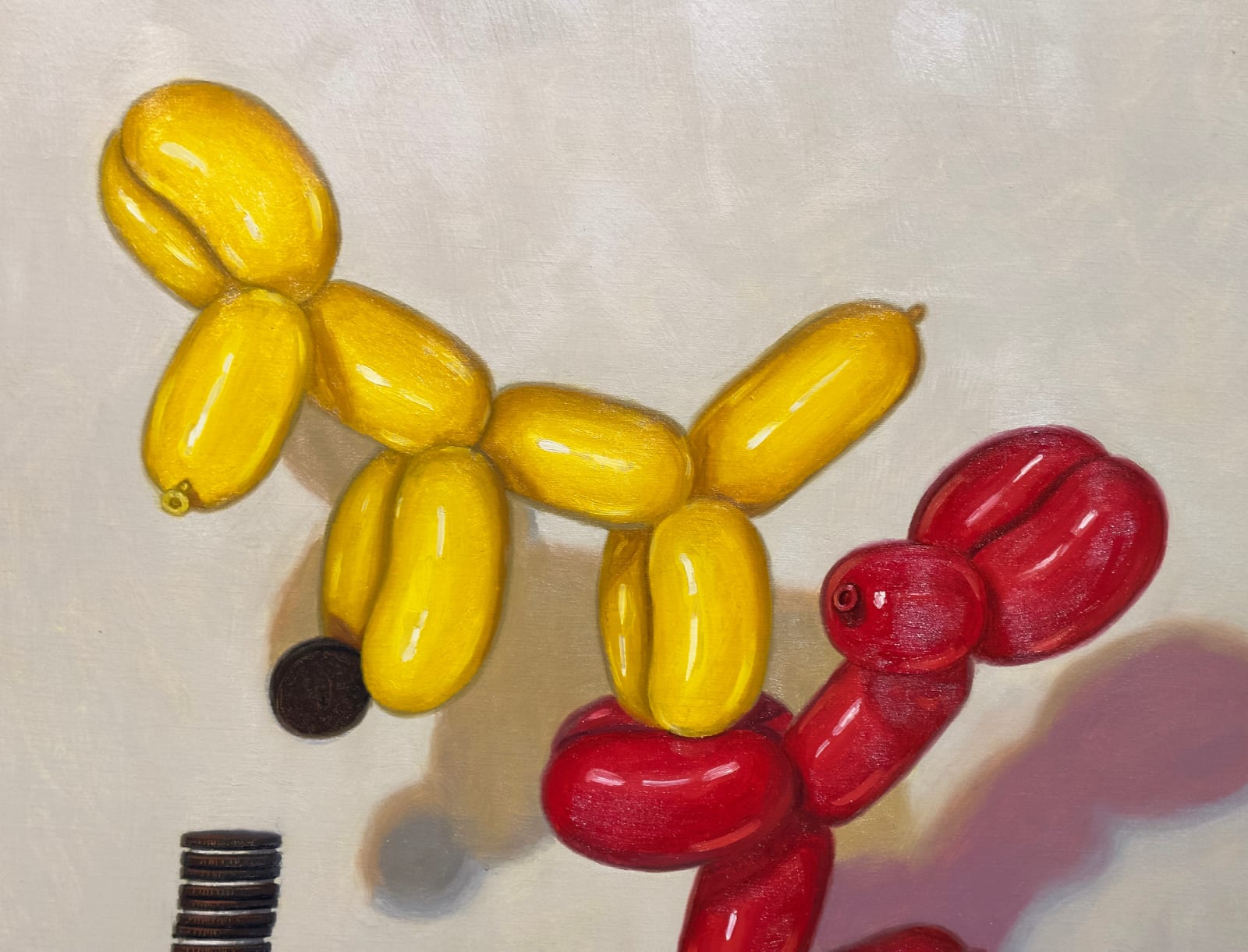 Painting of balloon dogs on top of each other stacking a tower of oreos