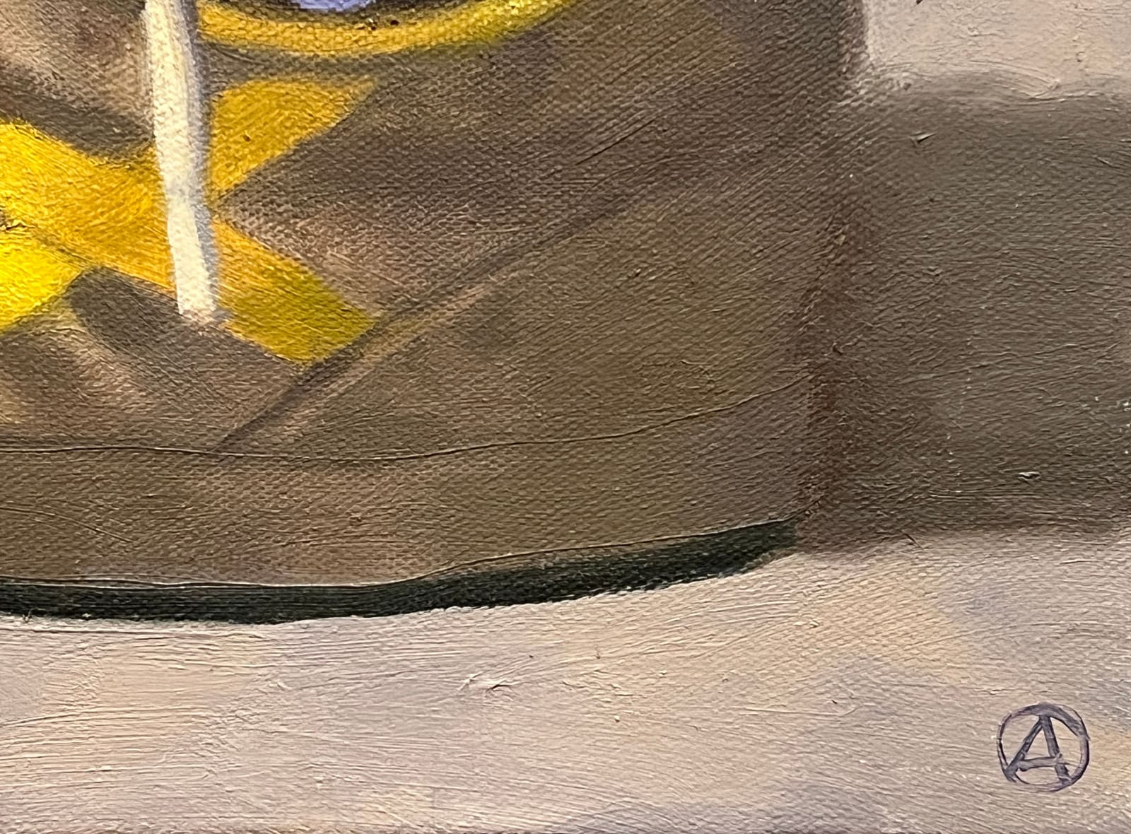 Grey and gold shoes with polka dot socks in them