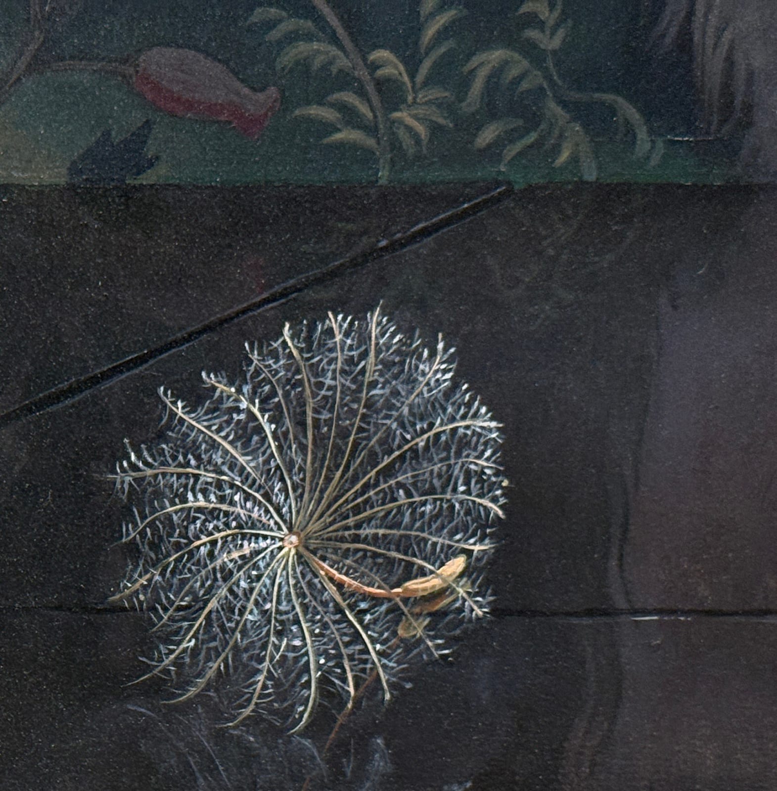 Painting of two glass vases with a goatsbeard and a snapdragon