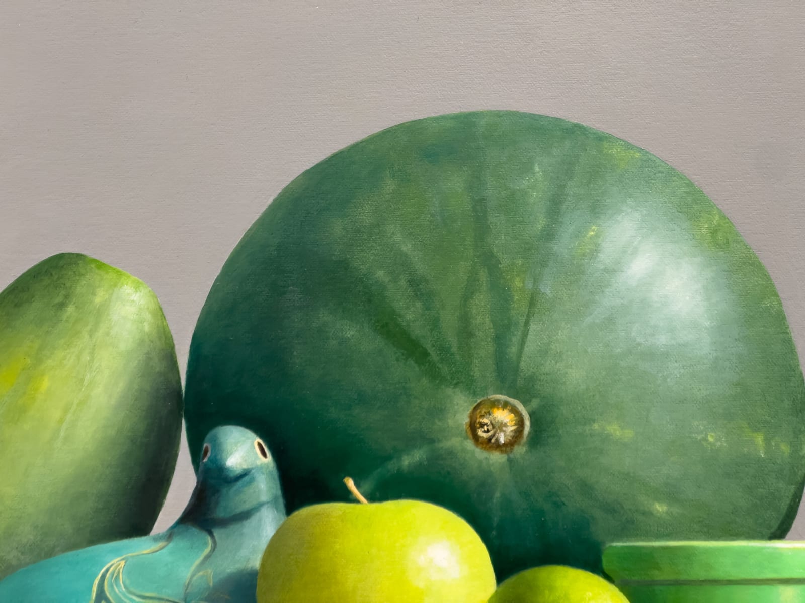 Painting of green cups and fruit on a table top