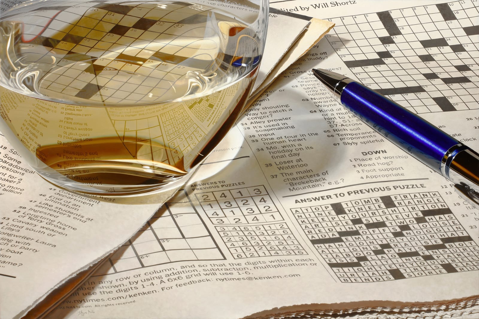 Photorealistic painting of pen, crossword puzzles, and glass of white wine