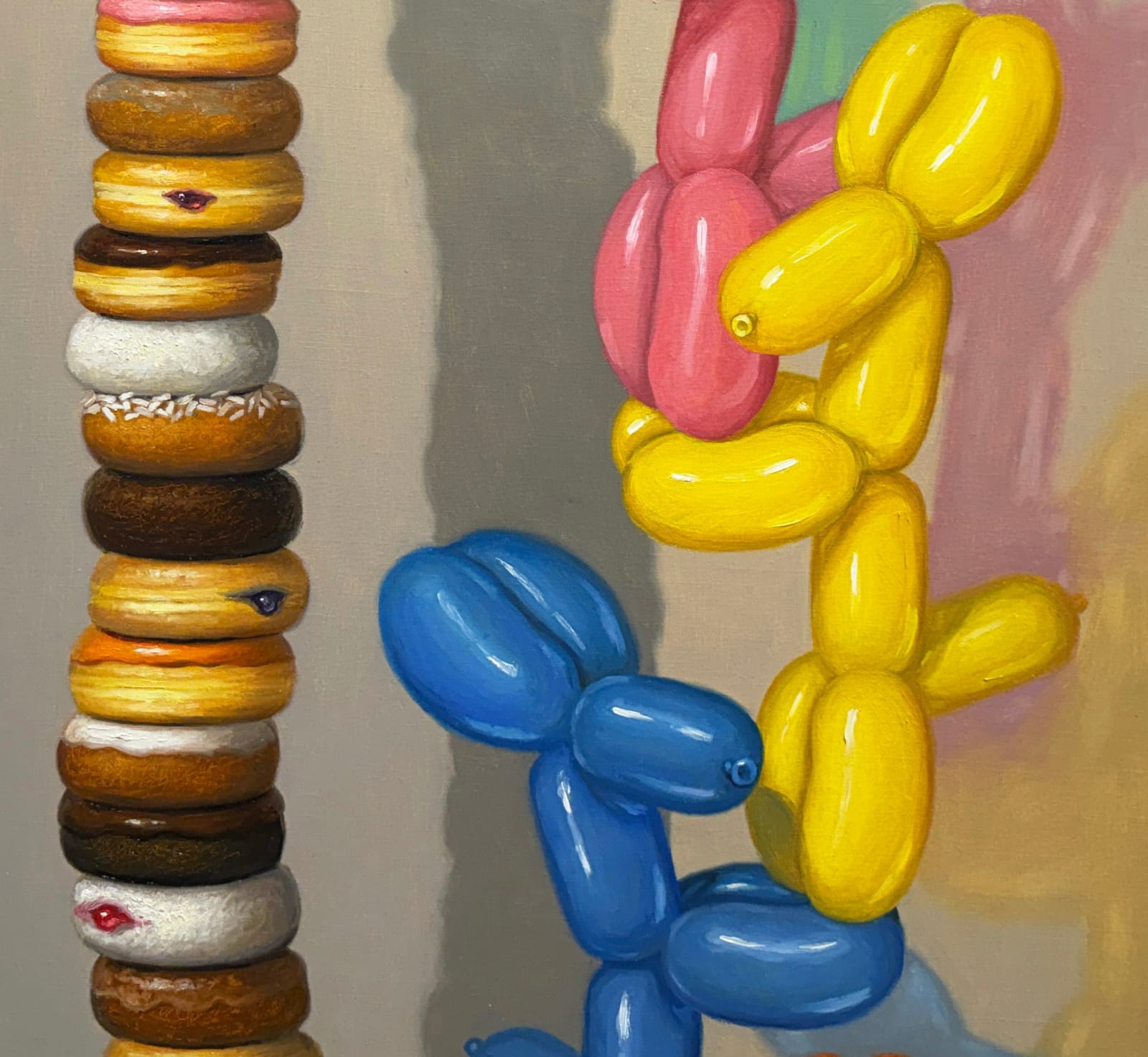 Painting of balloon dogs stacking donuts