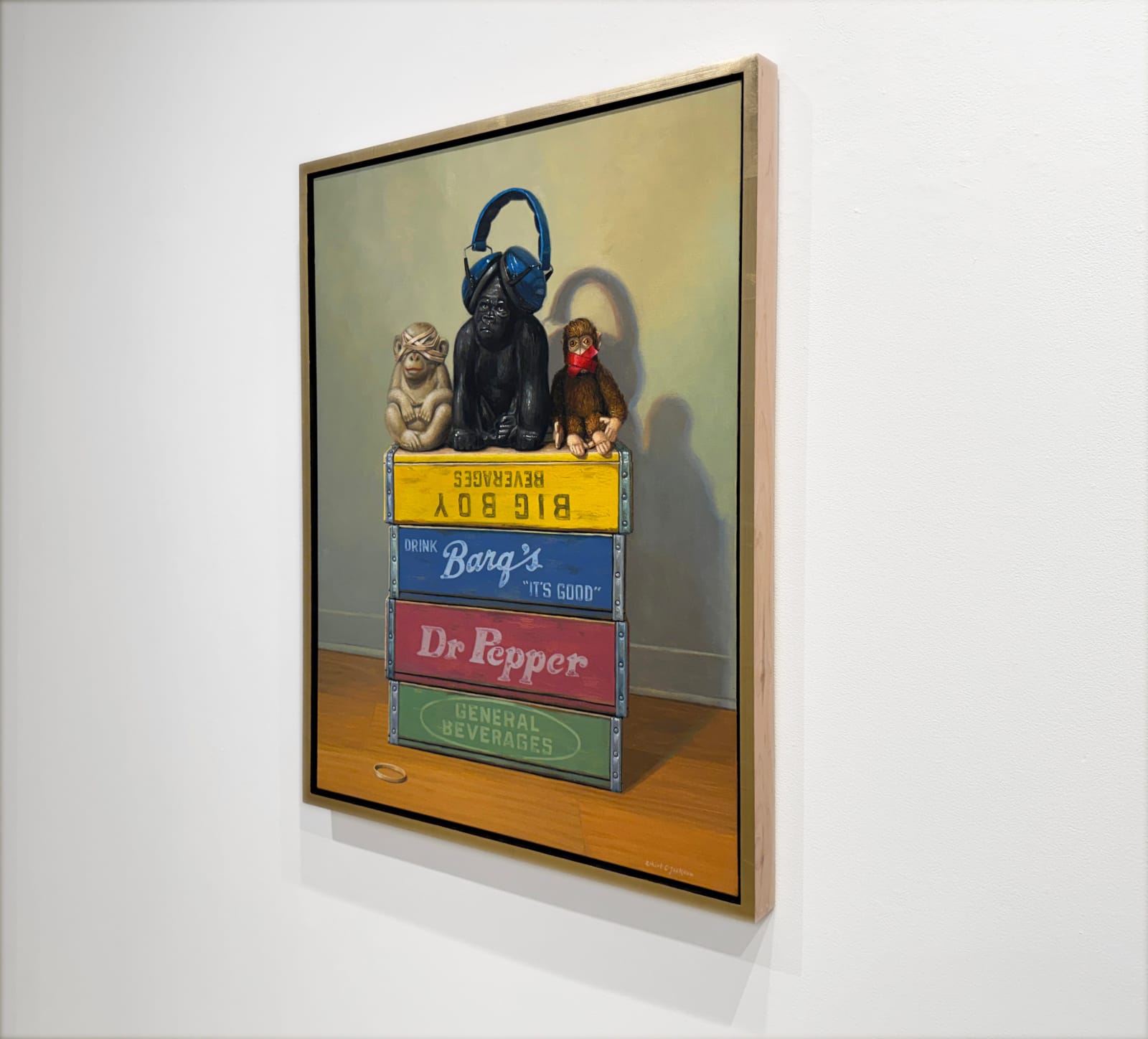 Still life painting of toys and soda boxes