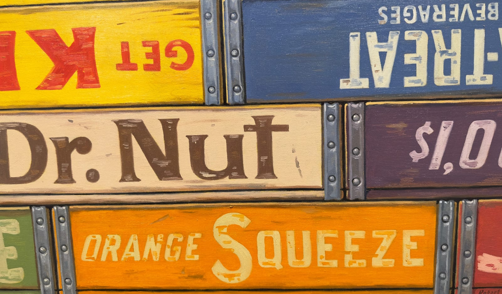 Painting of various animal figurines atop stacked soda crates