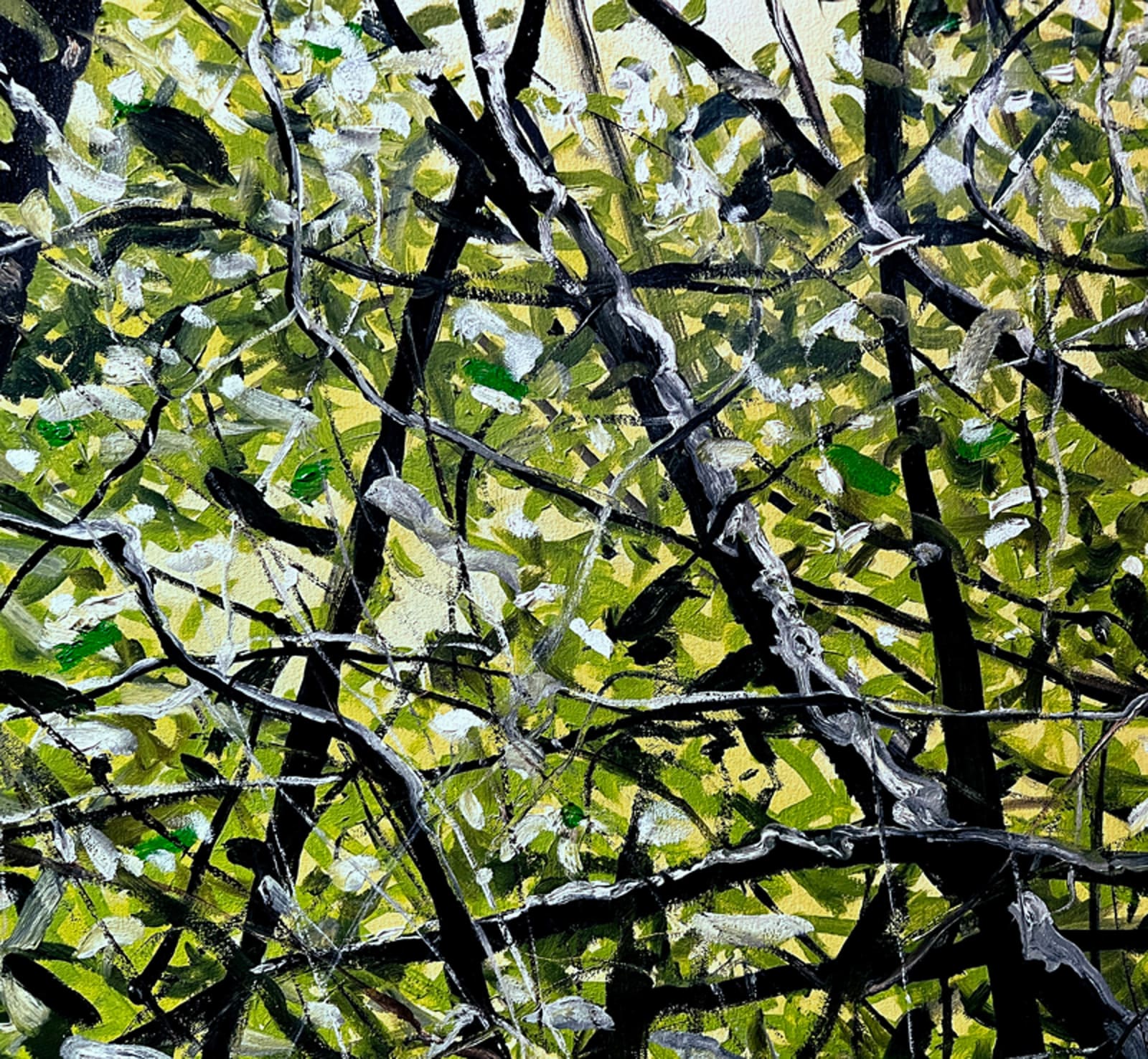 Oil painting of green wooded landscape on canvas