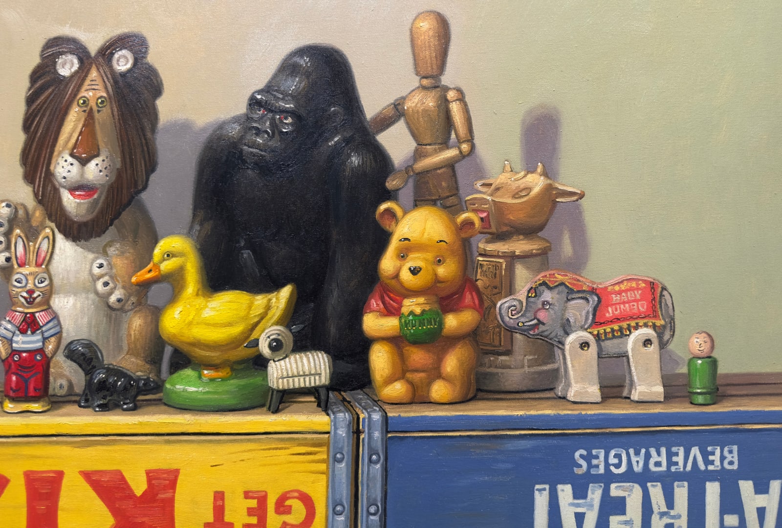 Painting of various animal figurines atop stacked soda crates