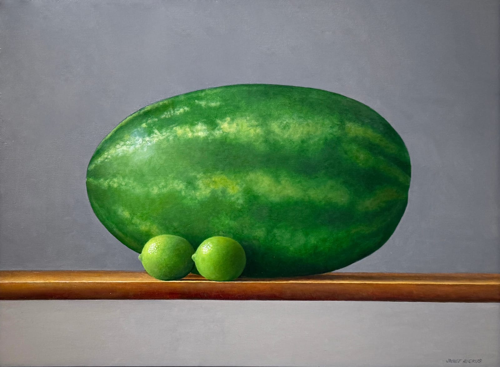 Still life painting of a watermelon with two limes