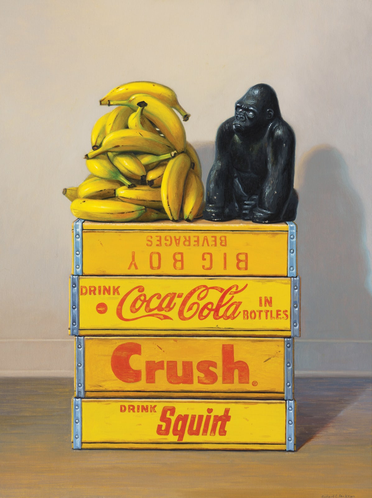 Still life painting of a gorilla with a pile of bananas on a stack of yellow crates