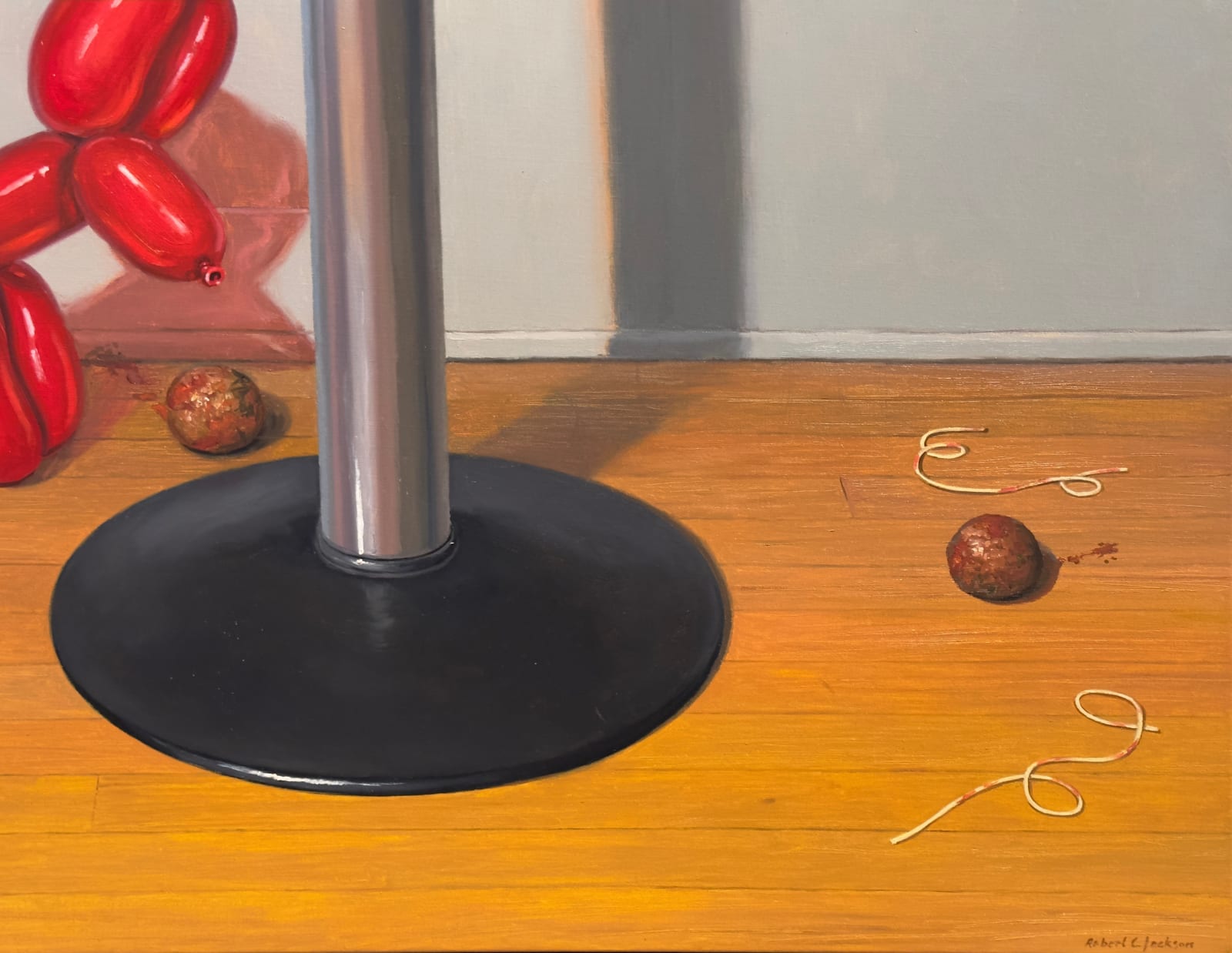 Painting of balloon dogs eating a bowl of spaghetti