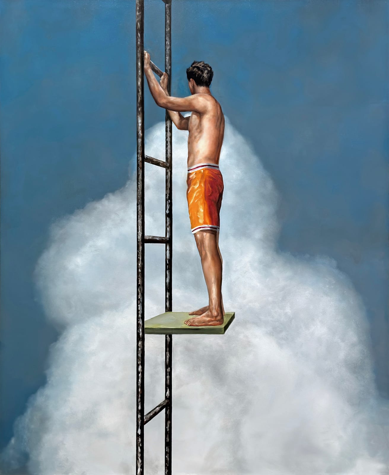 Man in orange bathing suit shorts standing on a small diving board in the sky