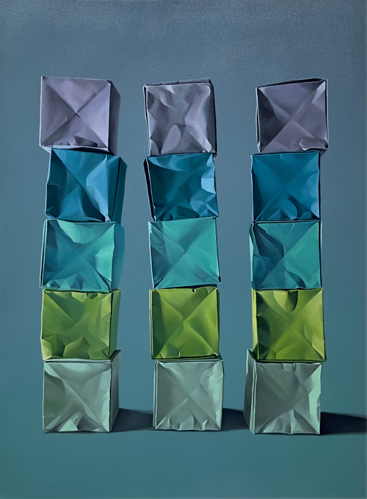 Painting of stacks of colorful paper origami boxes