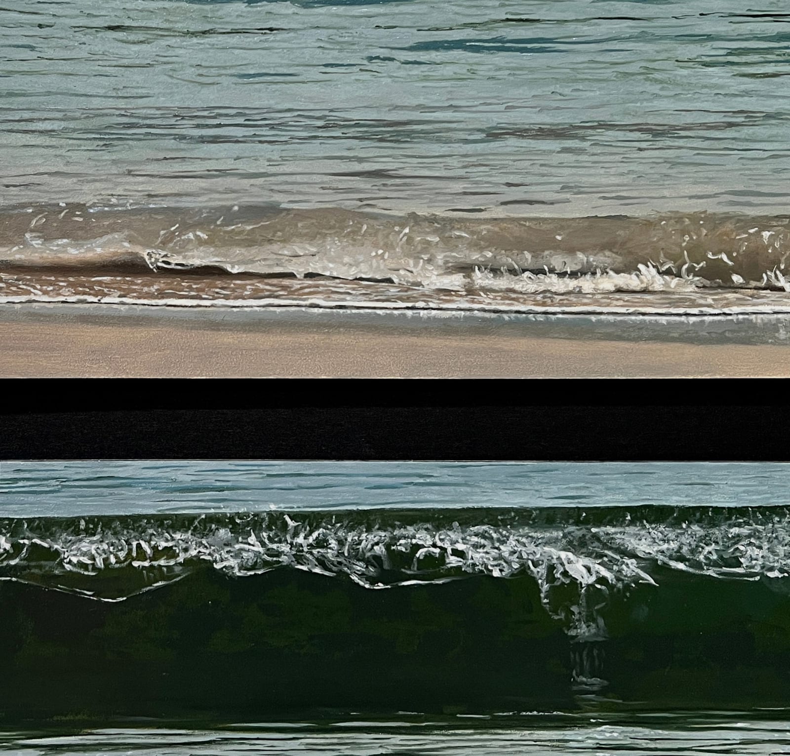 Three panel hyperreal oil painting of waves on panel