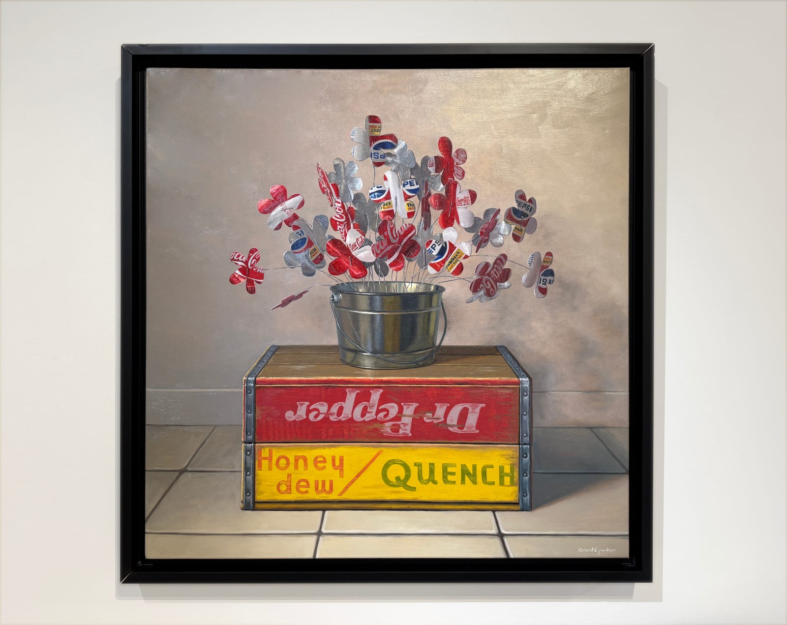 Still life painting of a soda can bouquet