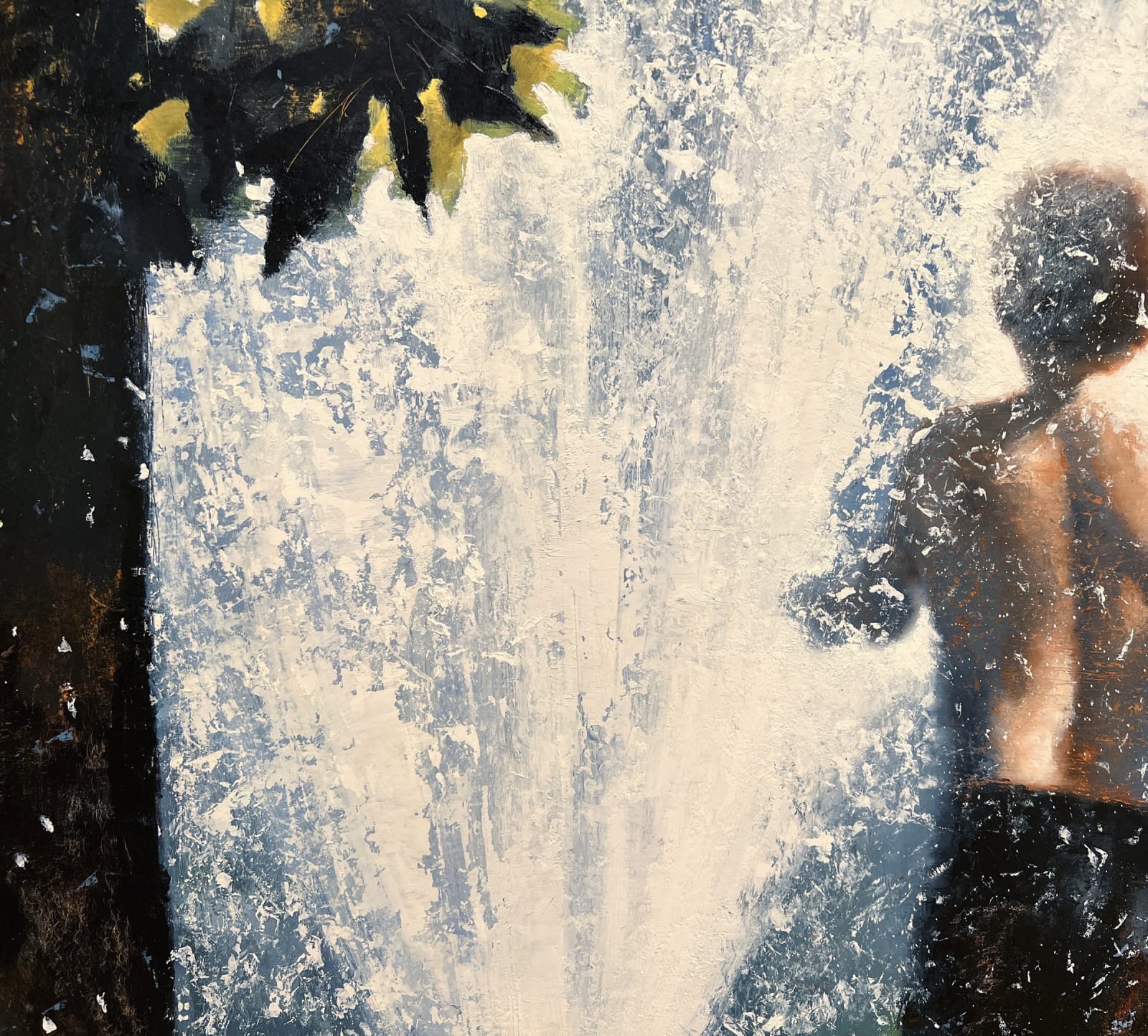 Oil painting of kids playing in sprinkler on panel