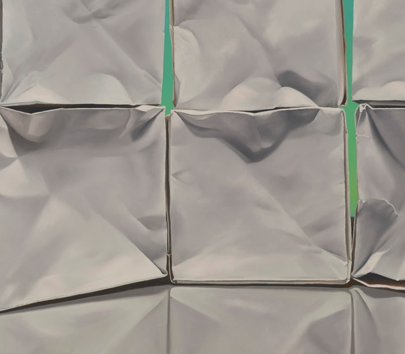 Detail of Wall of 3 columns of 2 origami paper cubes with green and blue background