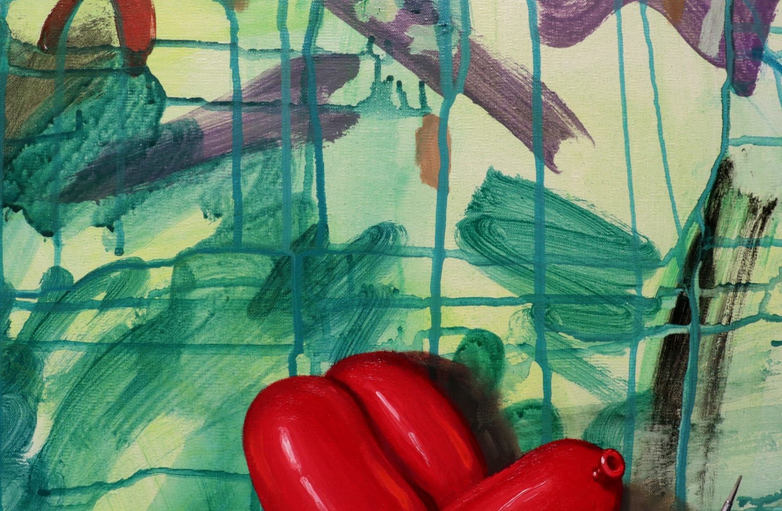 Top detail of Red balloon dog taped to great colored board