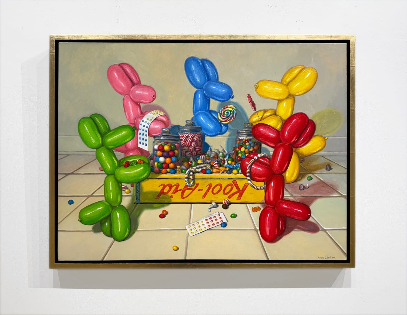Painting of balloon dogs eating candy
