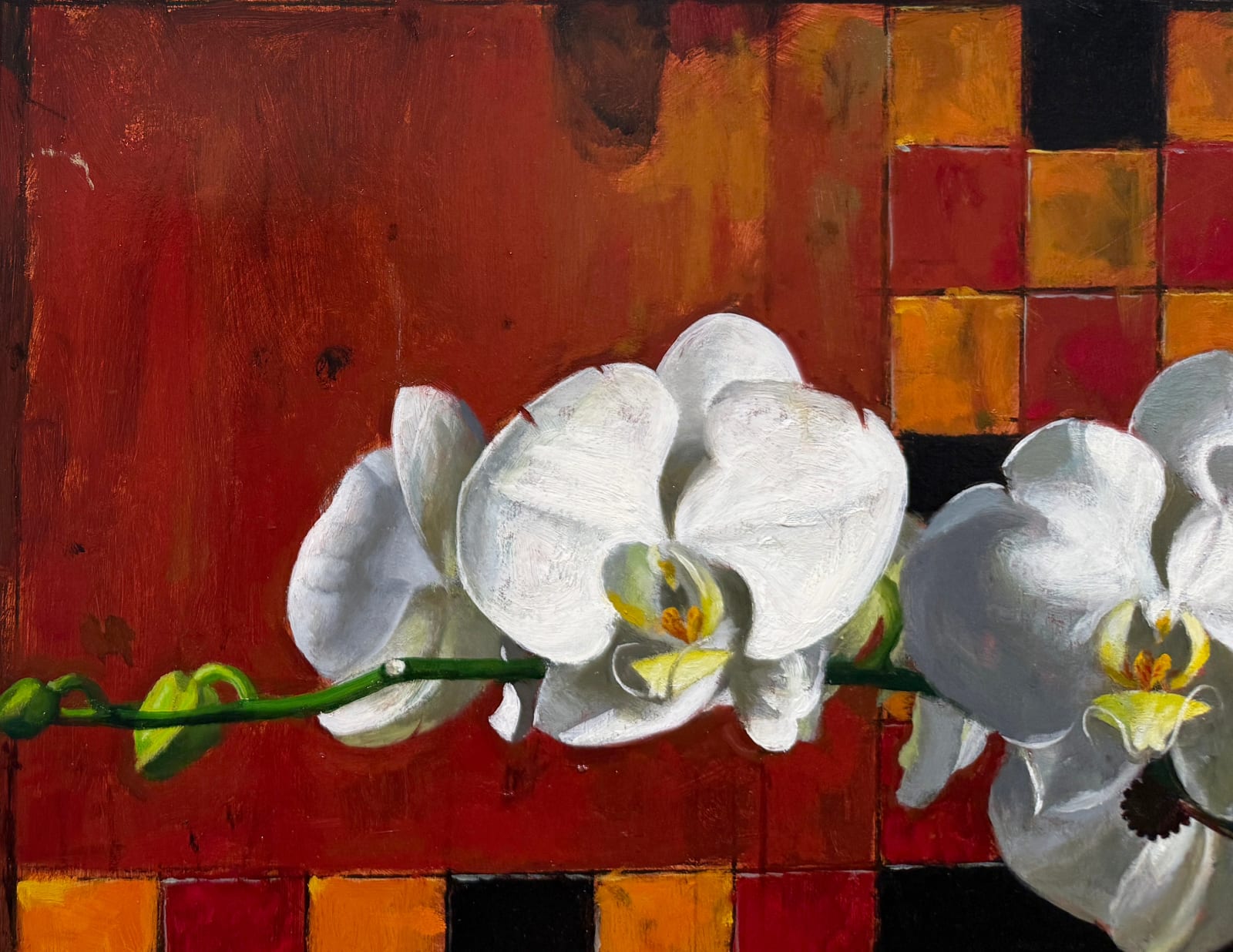 Painting of white orchids in front of an antique style gameboard