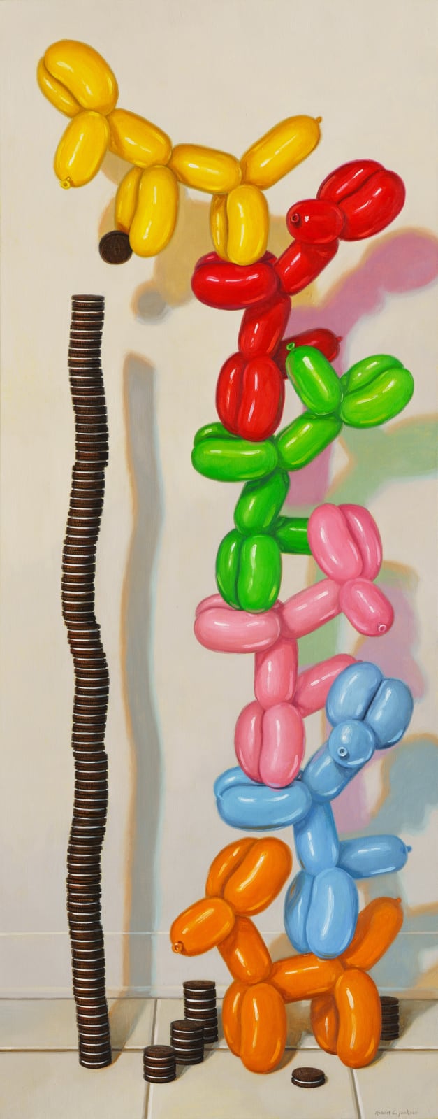 Painting of balloon dogs on top of each other stacking a tower of oreos
