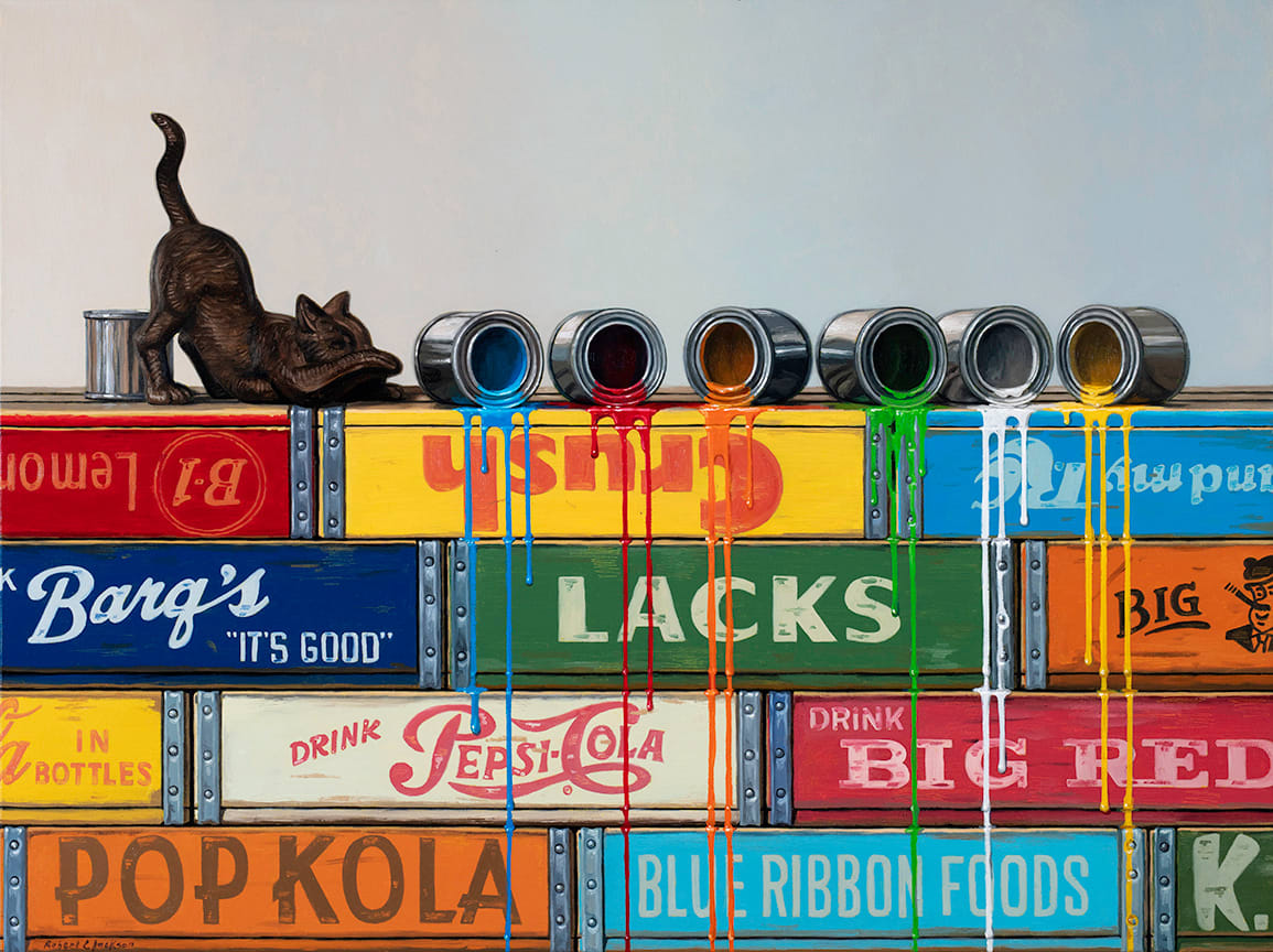 Cat with toppled paint cans spilling down colored boxes