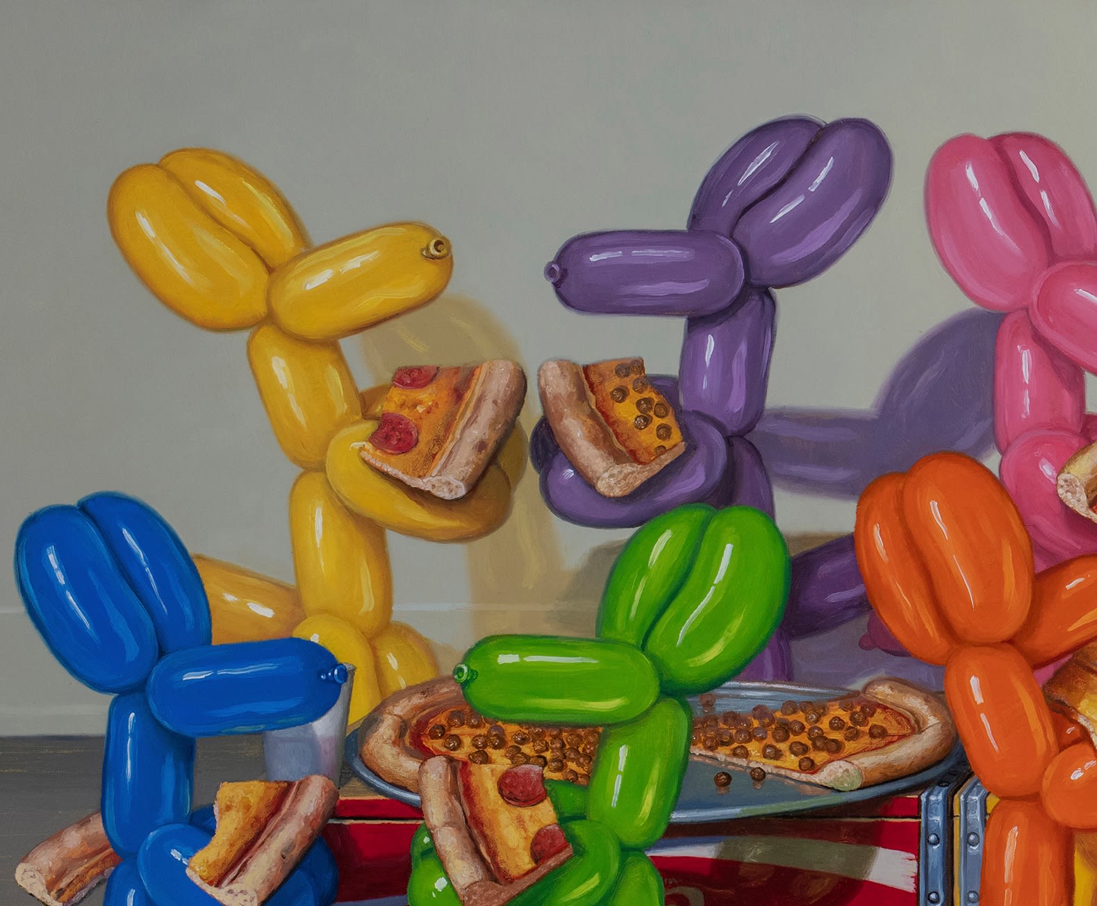 Top left detail of 14 multicolored balloon dogs having a pizza party