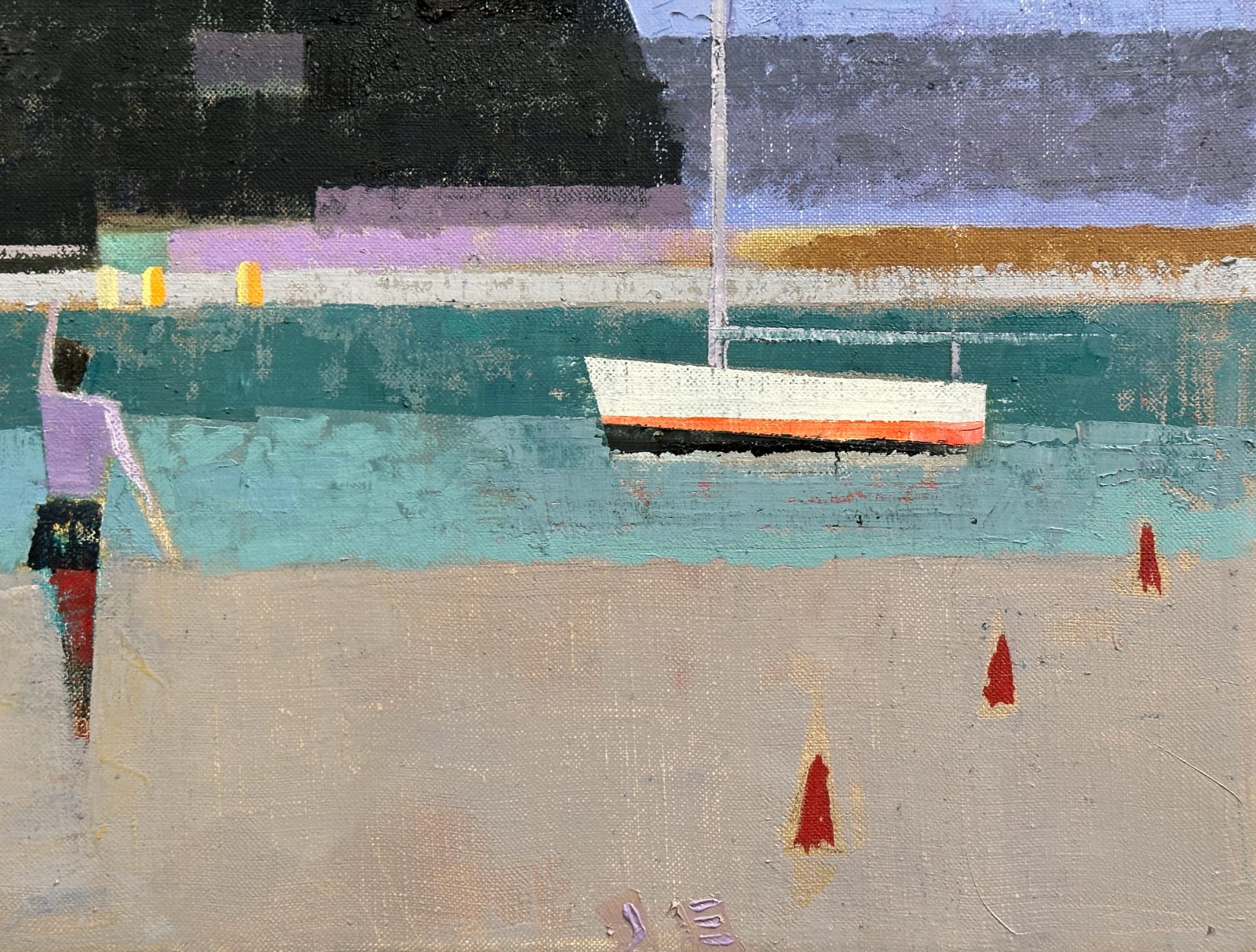 Abstracted beach scene with boat, mountain, and figure