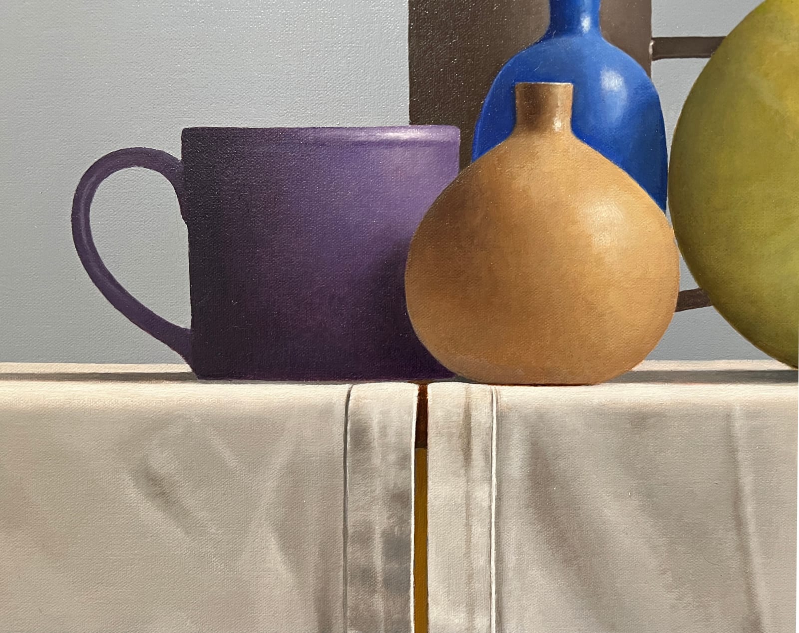 Mugs and pottery before two melons