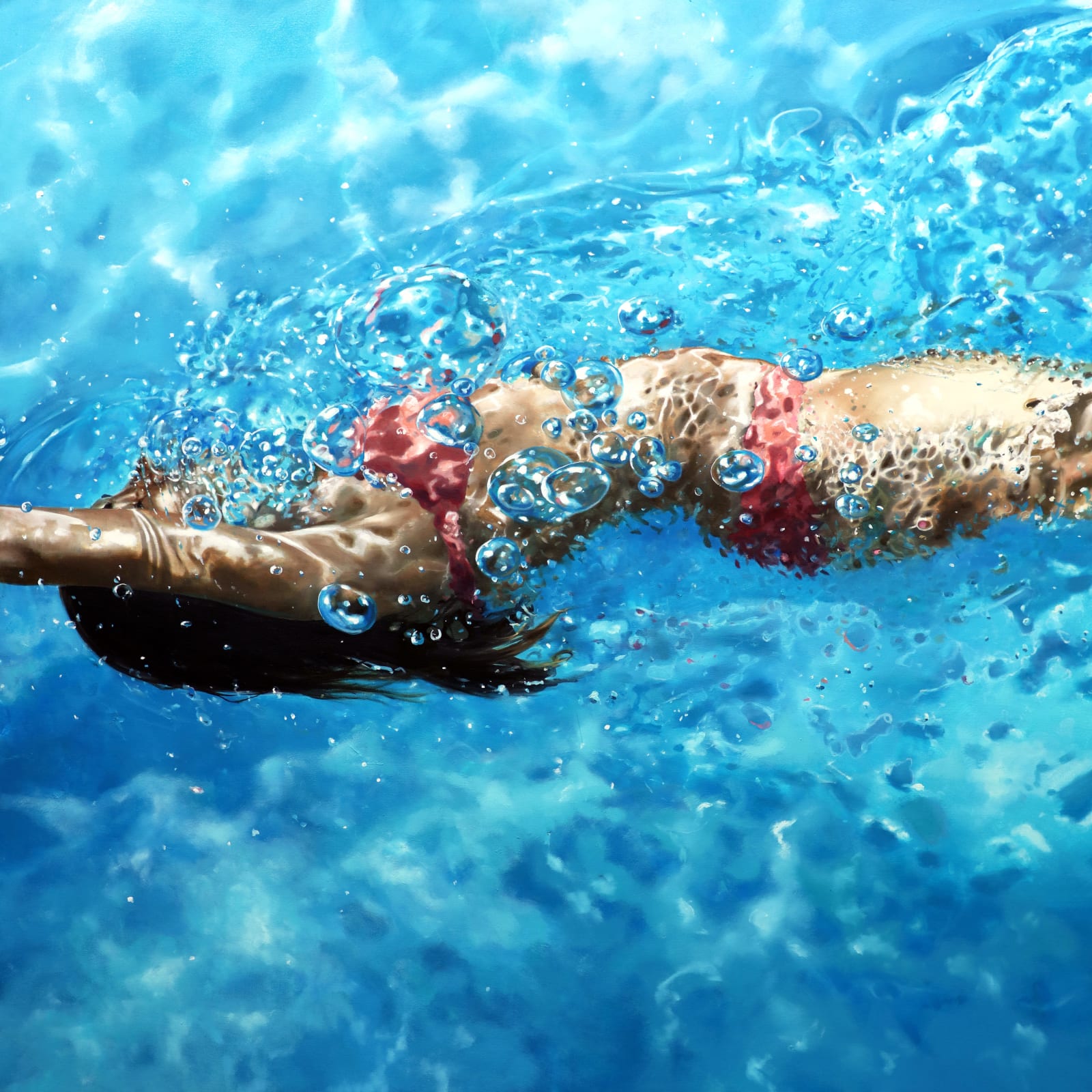 Painting of a woman on her back swimming