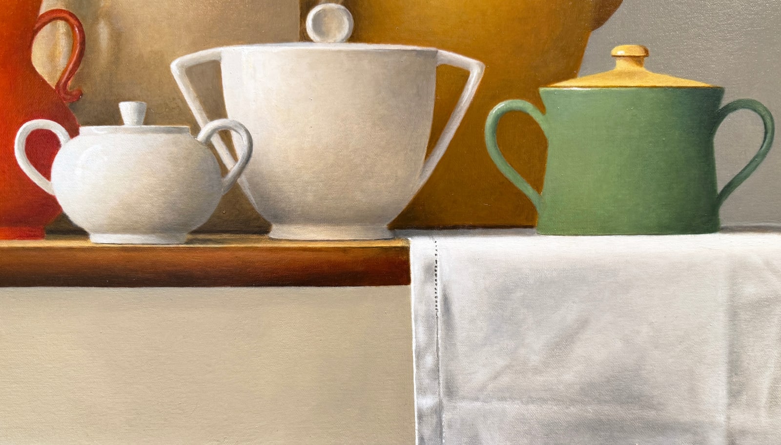 Painting of a still life with many handled vessels