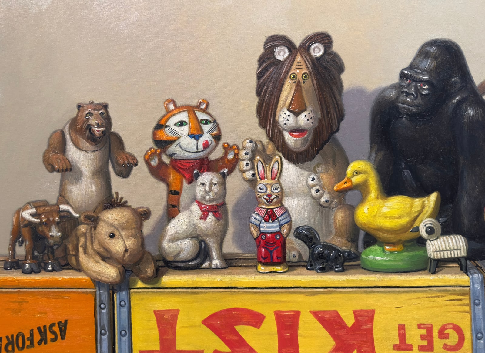 Painting of various animal figurines atop stacked soda crates