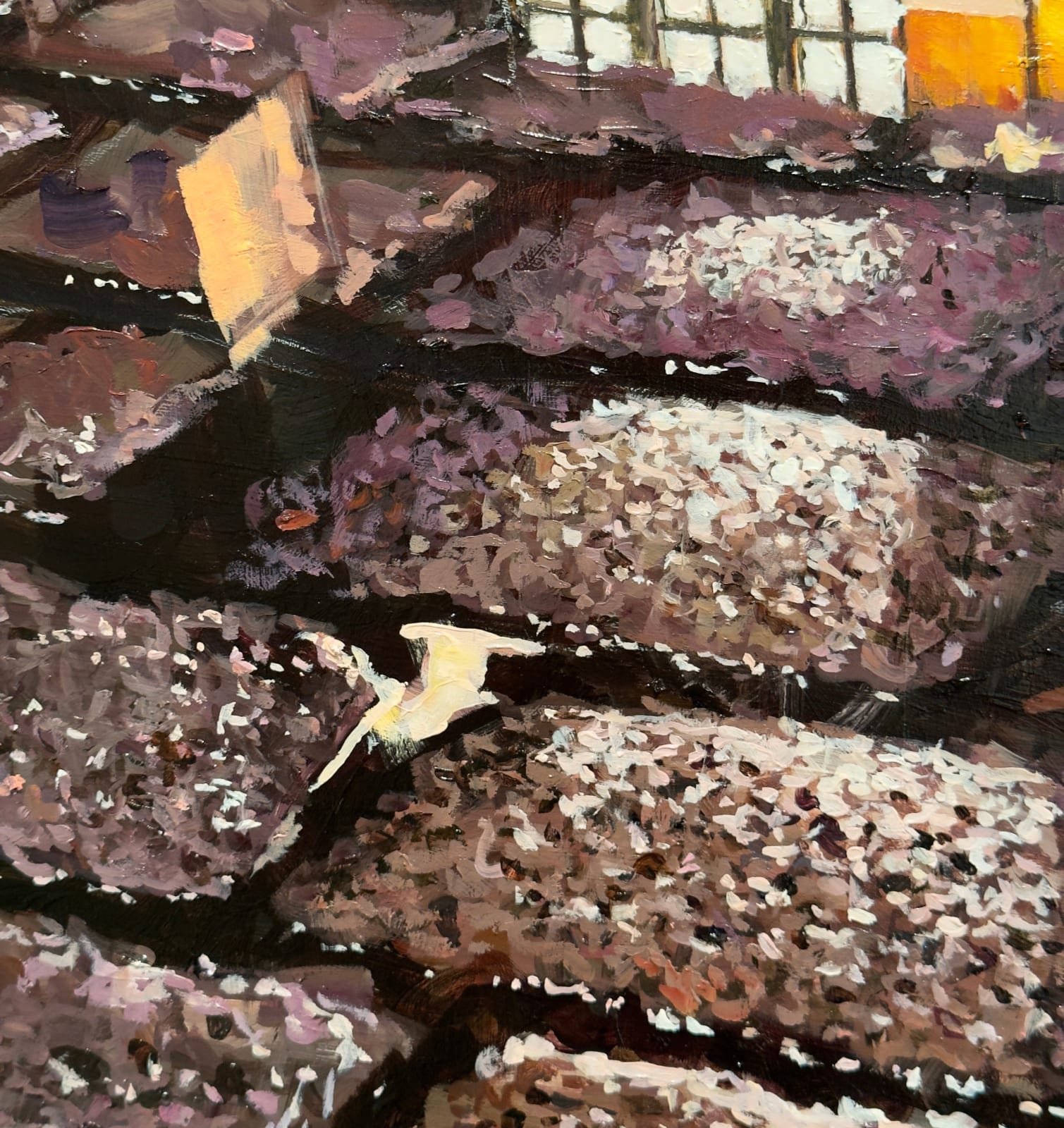 Painting of paved street with a puddle and reflection